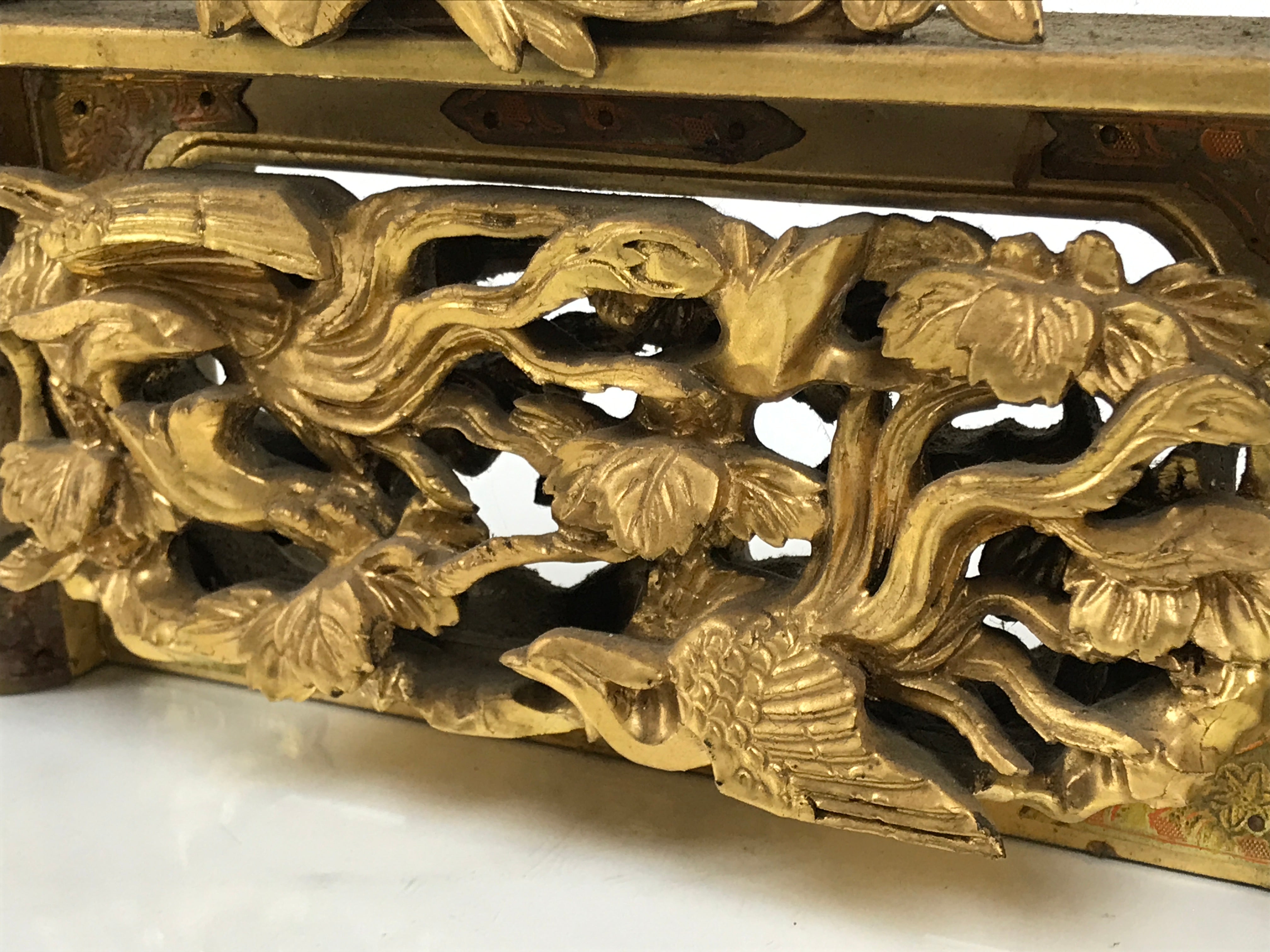 Japanese Buddhist Altar Wood Lacquer Part Carved Bird Peony Gold Brass BP32