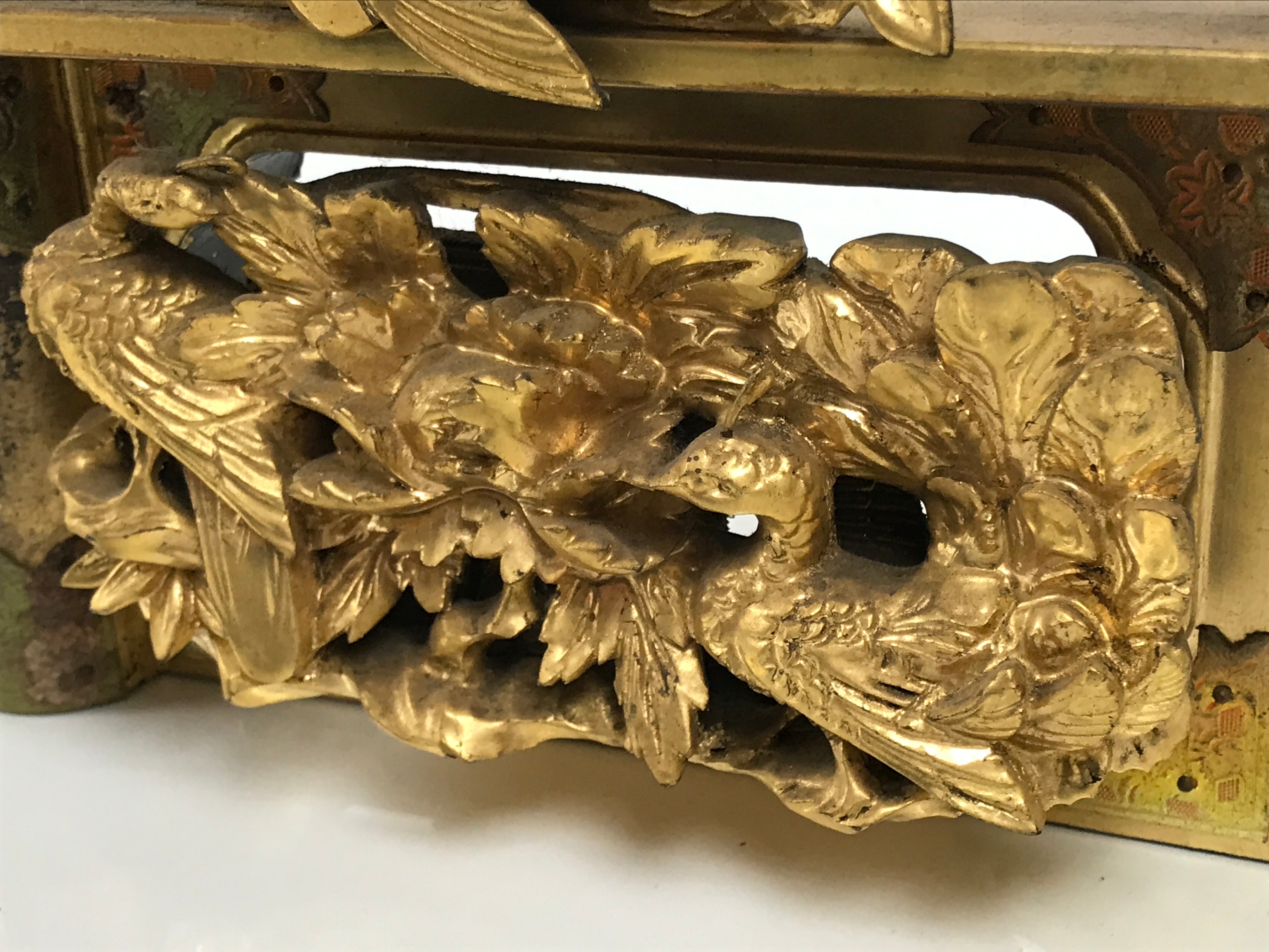 Japanese Buddhist Altar Wood Lacquer Part Carved Bird Peony Gold Brass BP32