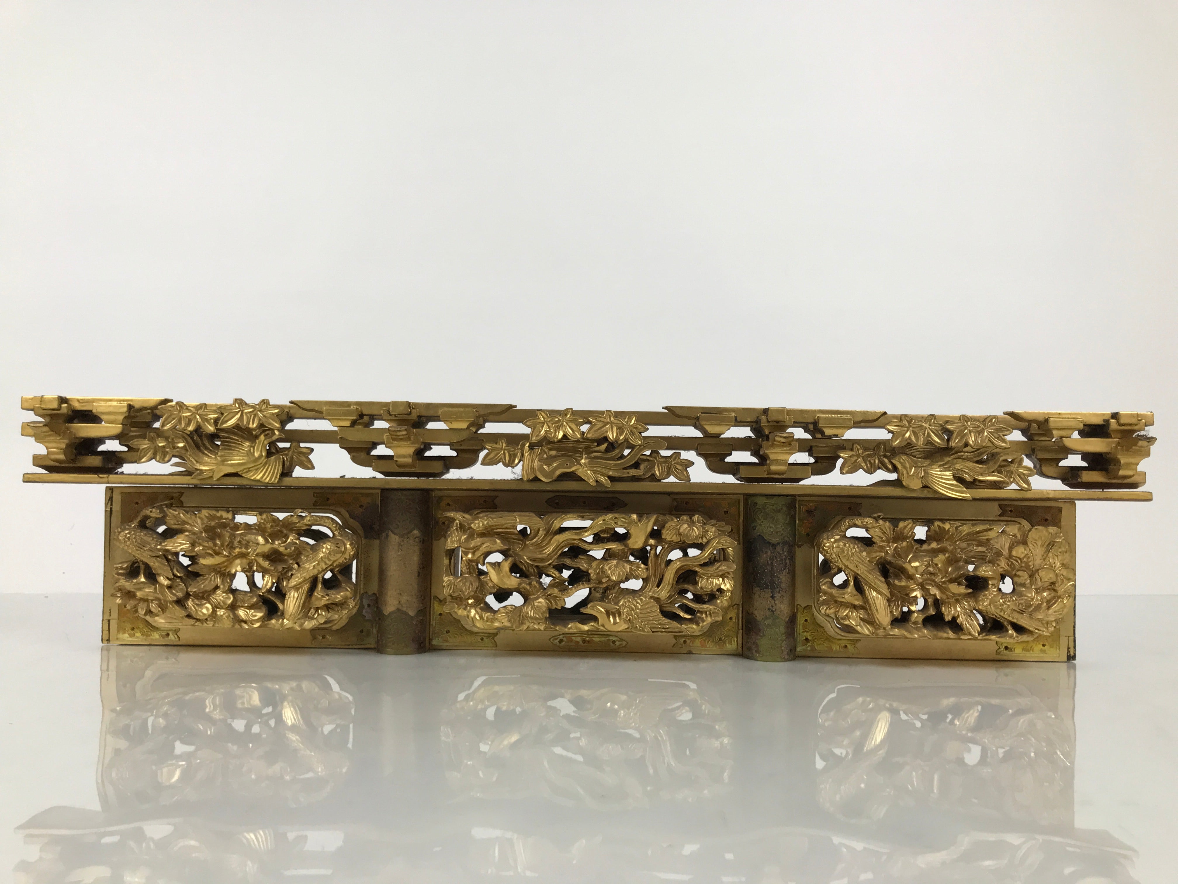Japanese Buddhist Altar Wood Lacquer Part Carved Bird Peony Gold Brass BP32