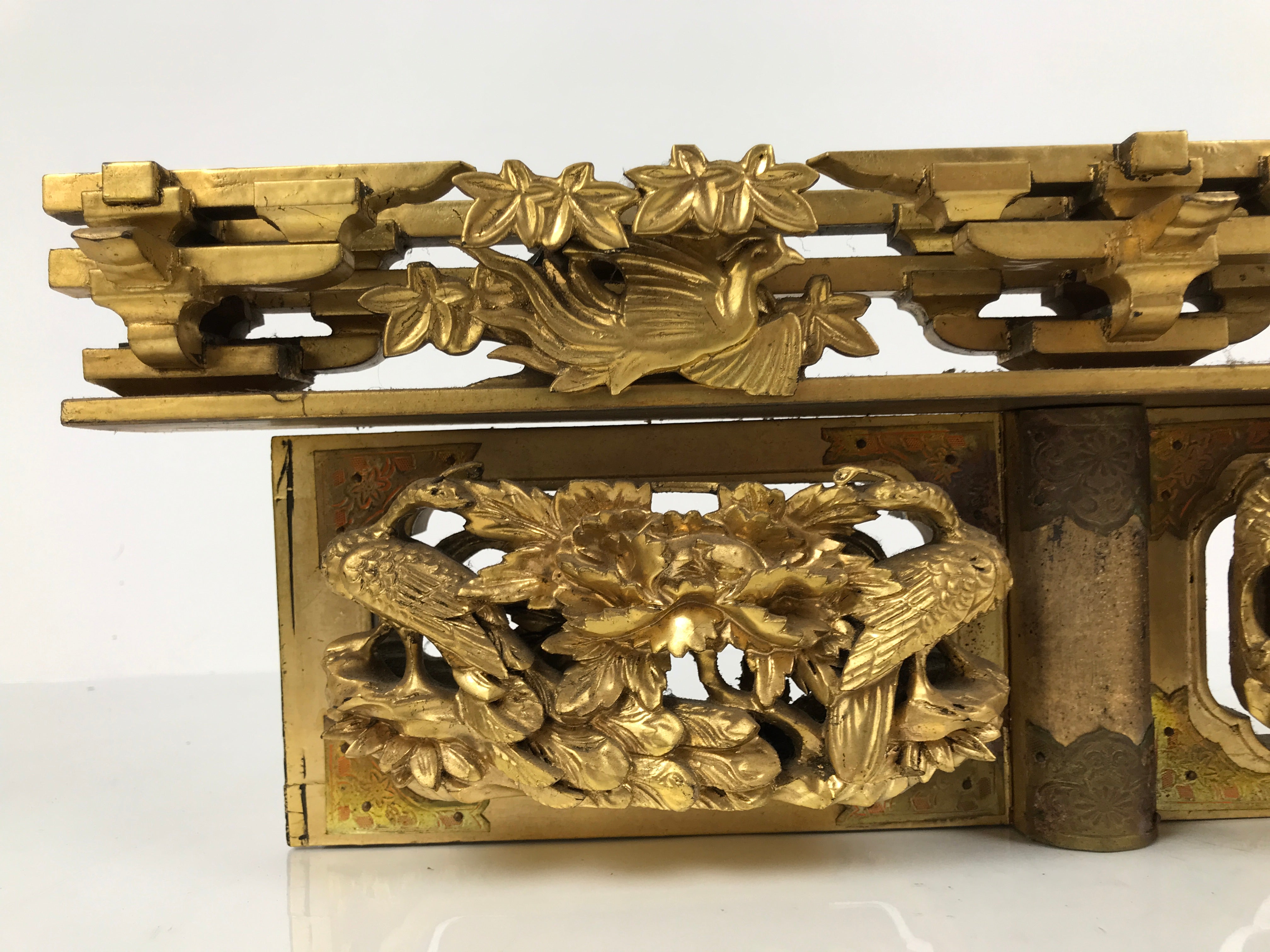 Japanese Buddhist Altar Wood Lacquer Part Carved Bird Peony Gold Brass BP32