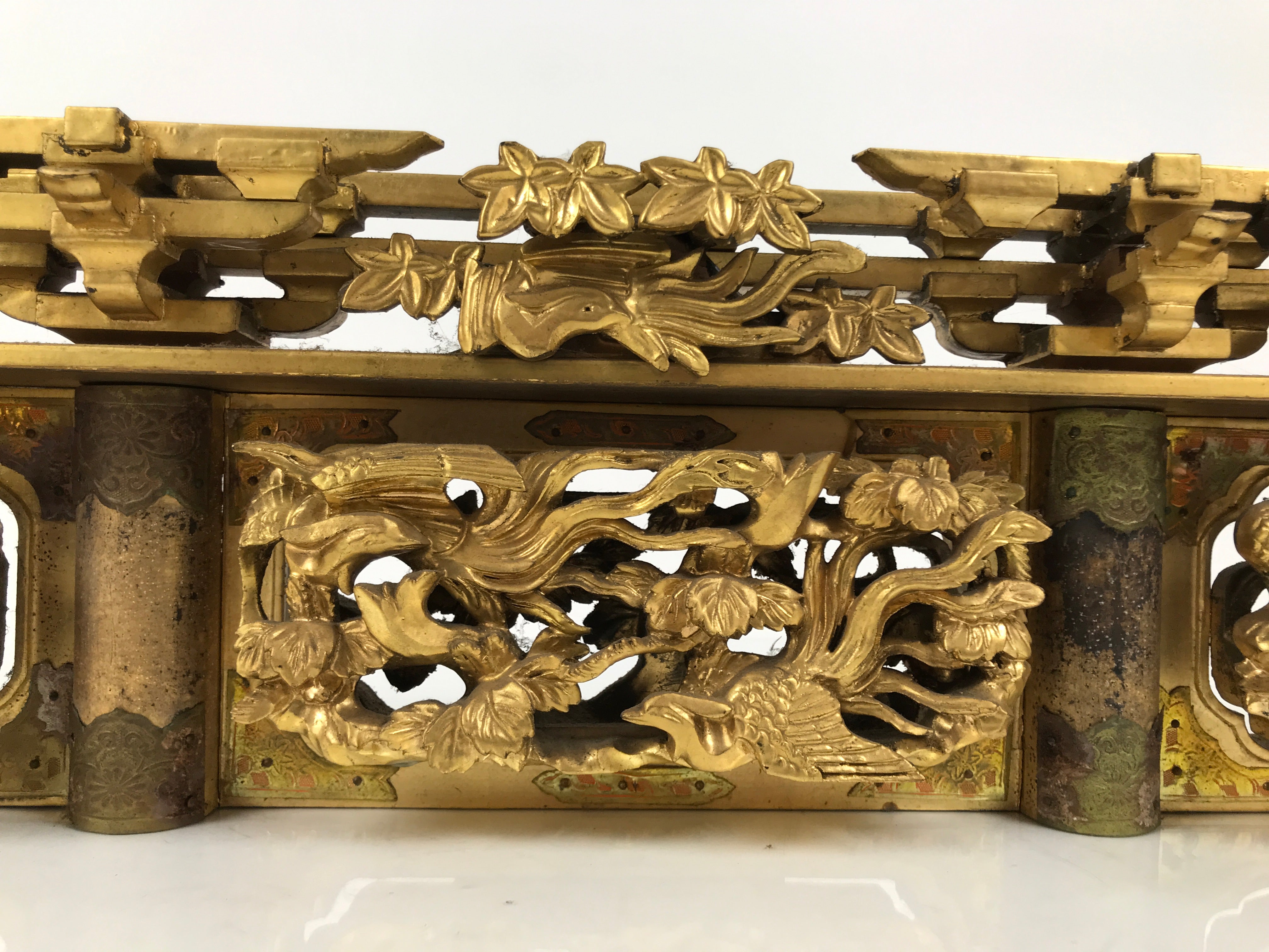 Japanese Buddhist Altar Wood Lacquer Part Carved Bird Peony Gold Brass BP32