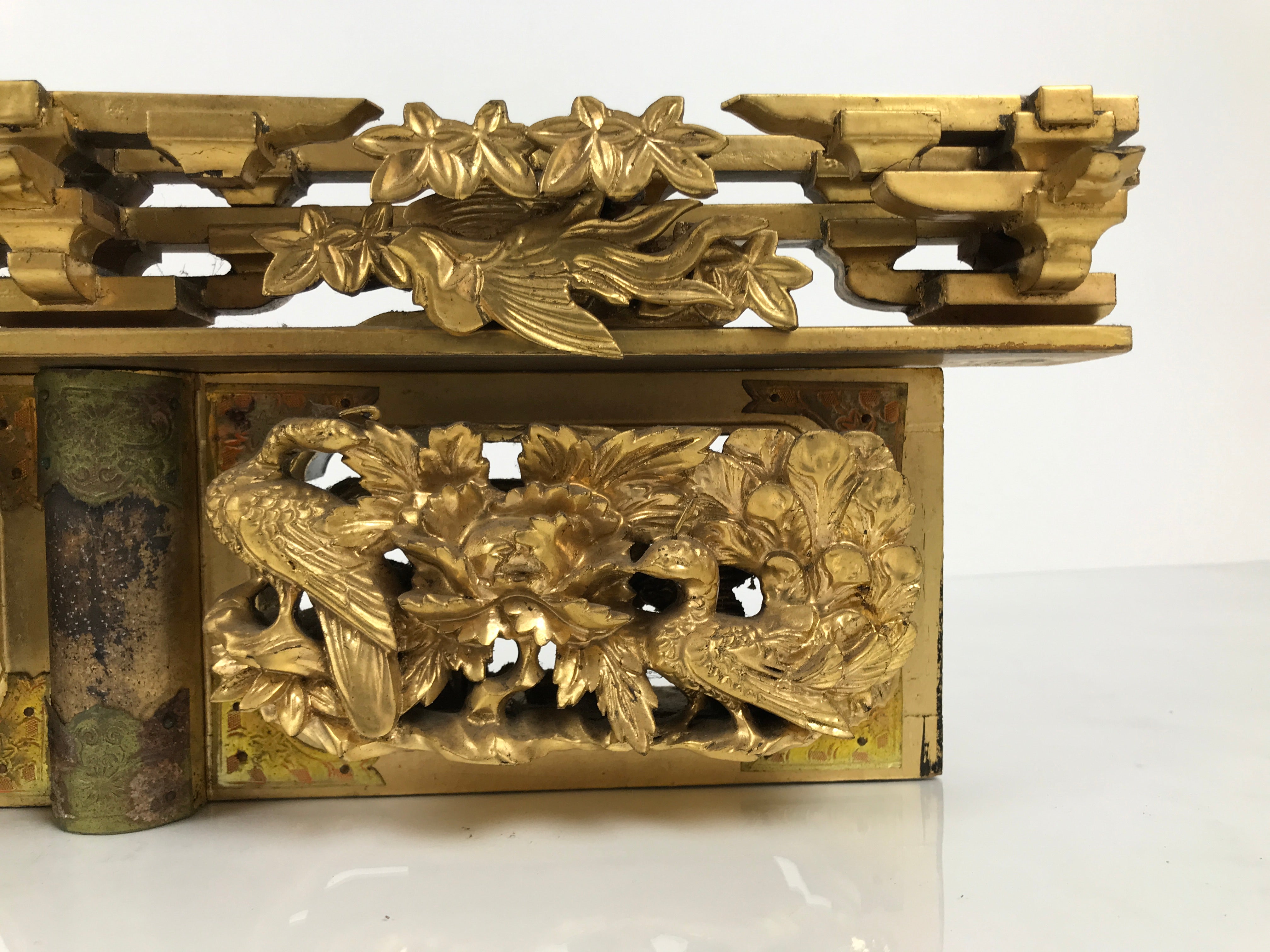 Japanese Buddhist Altar Wood Lacquer Part Carved Bird Peony Gold Brass BP32