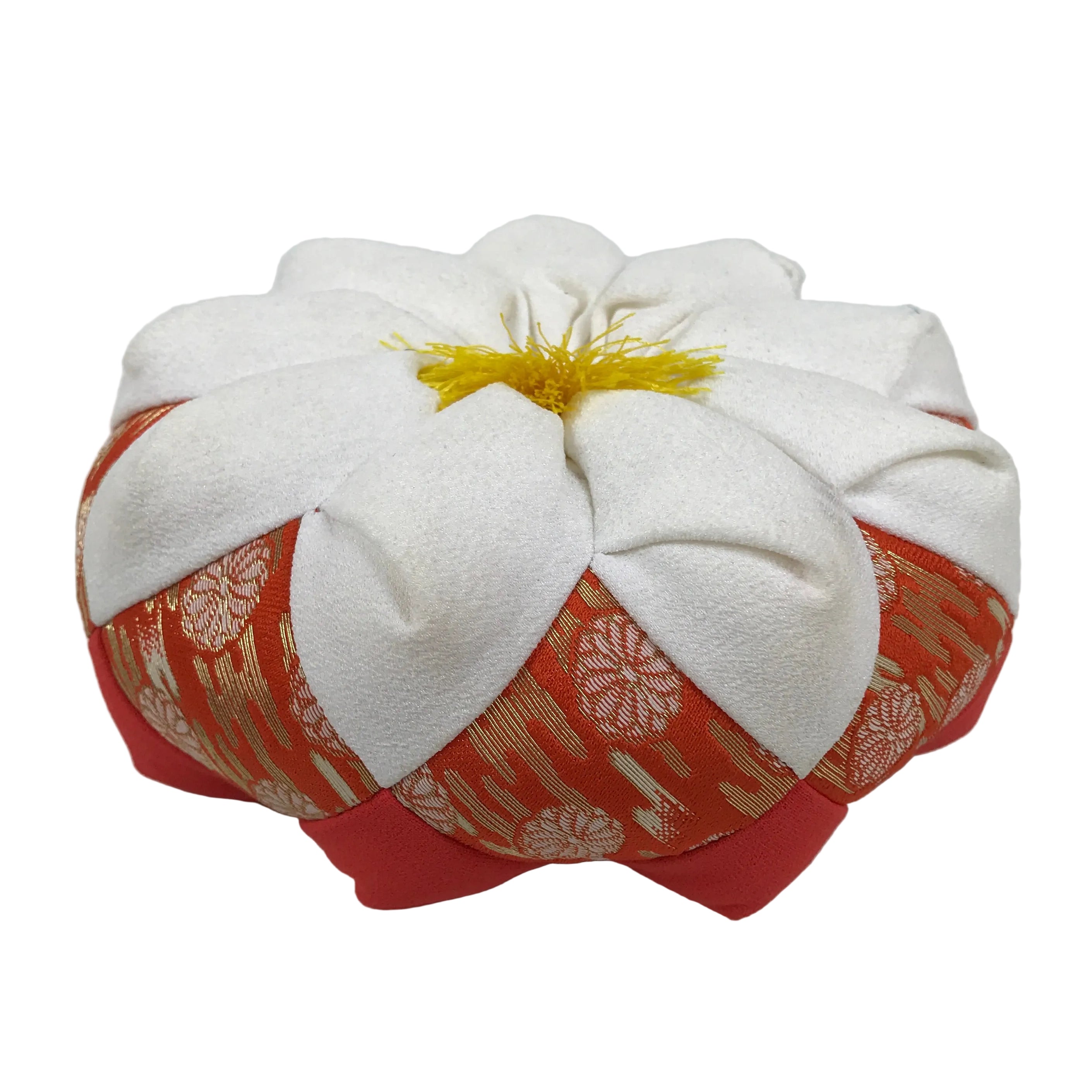 Japanese Buddhist Orin Bell Singing Bowl Fabric Pillow Floral Orange White BA888