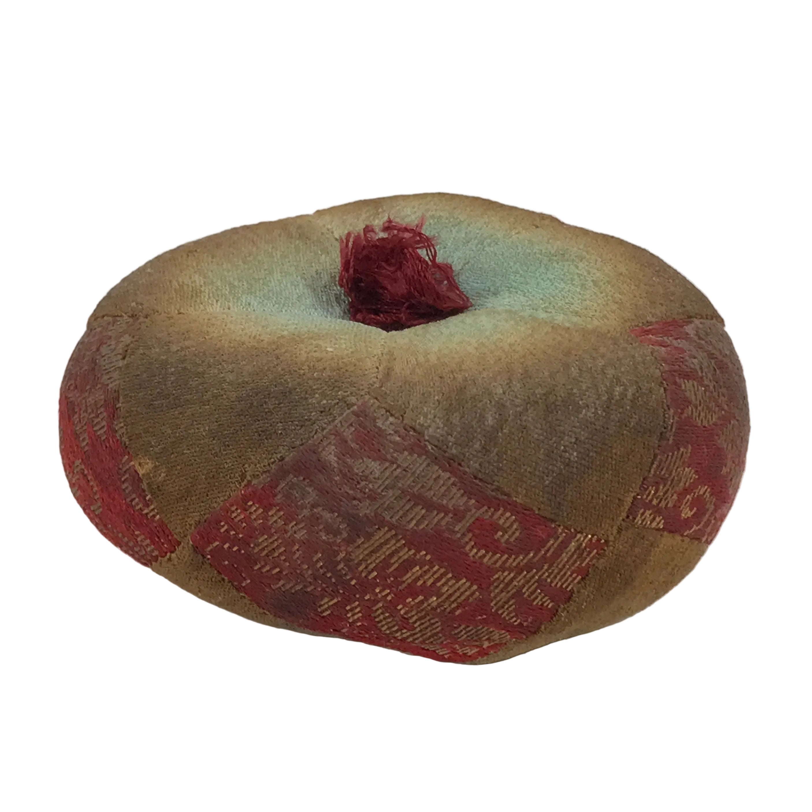 Japanese Buddhist Orin Bell Singing Bowl Fabric Pillow Vtg Blue Red Gold BA895