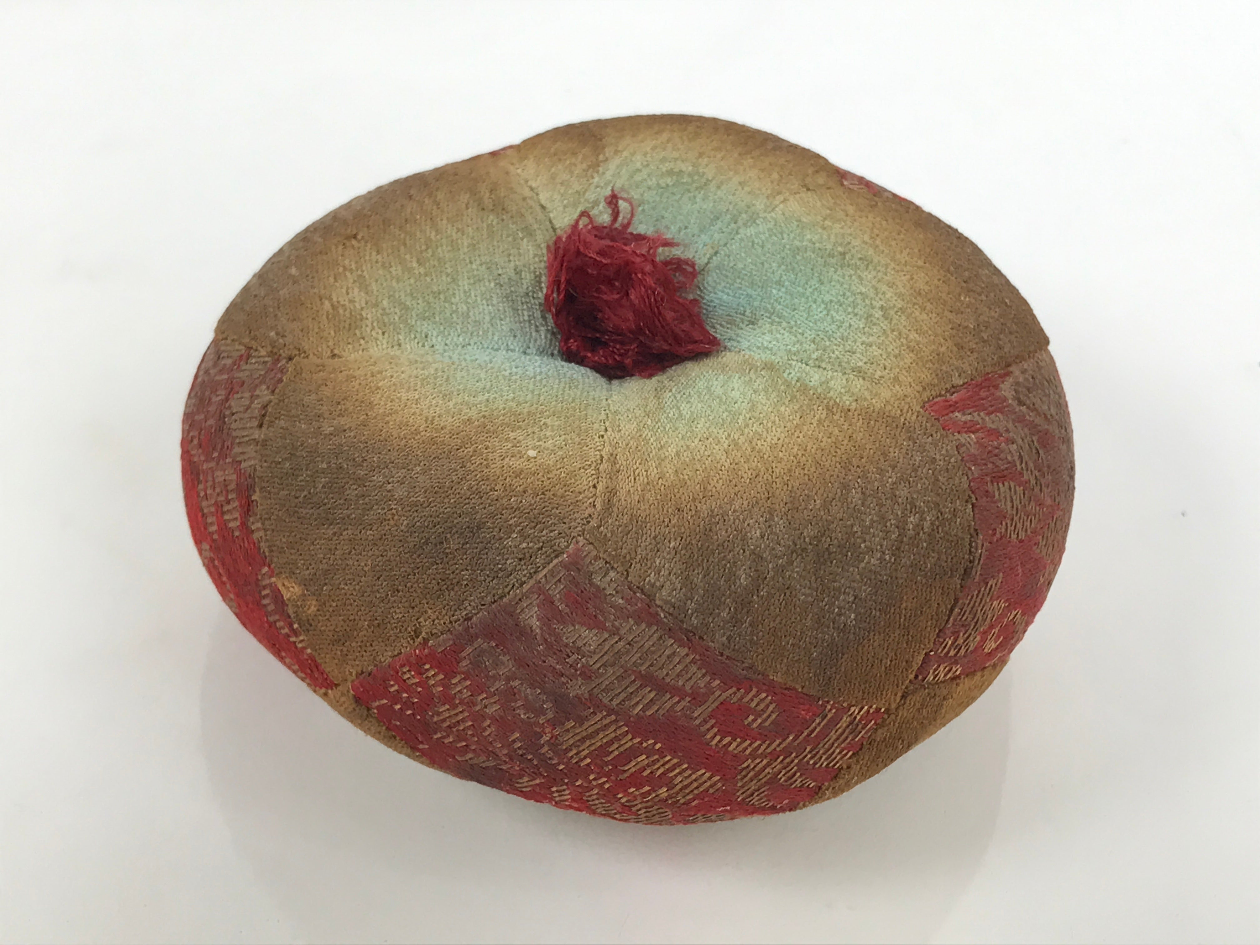 Japanese Buddhist Orin Bell Singing Bowl Fabric Pillow Vtg Blue Red Gold BA895