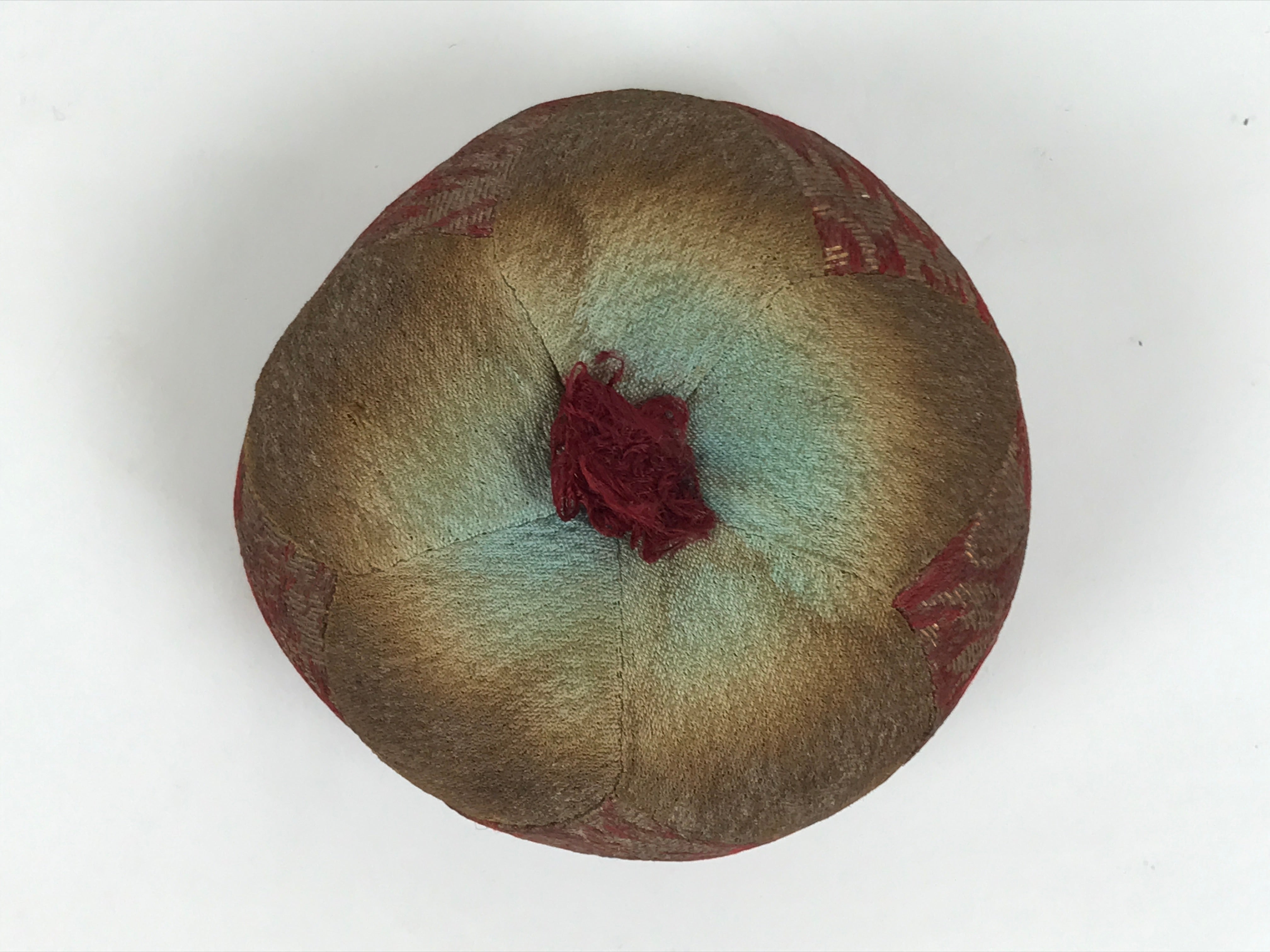 Japanese Buddhist Orin Bell Singing Bowl Fabric Pillow Vtg Blue Red Gold BA895