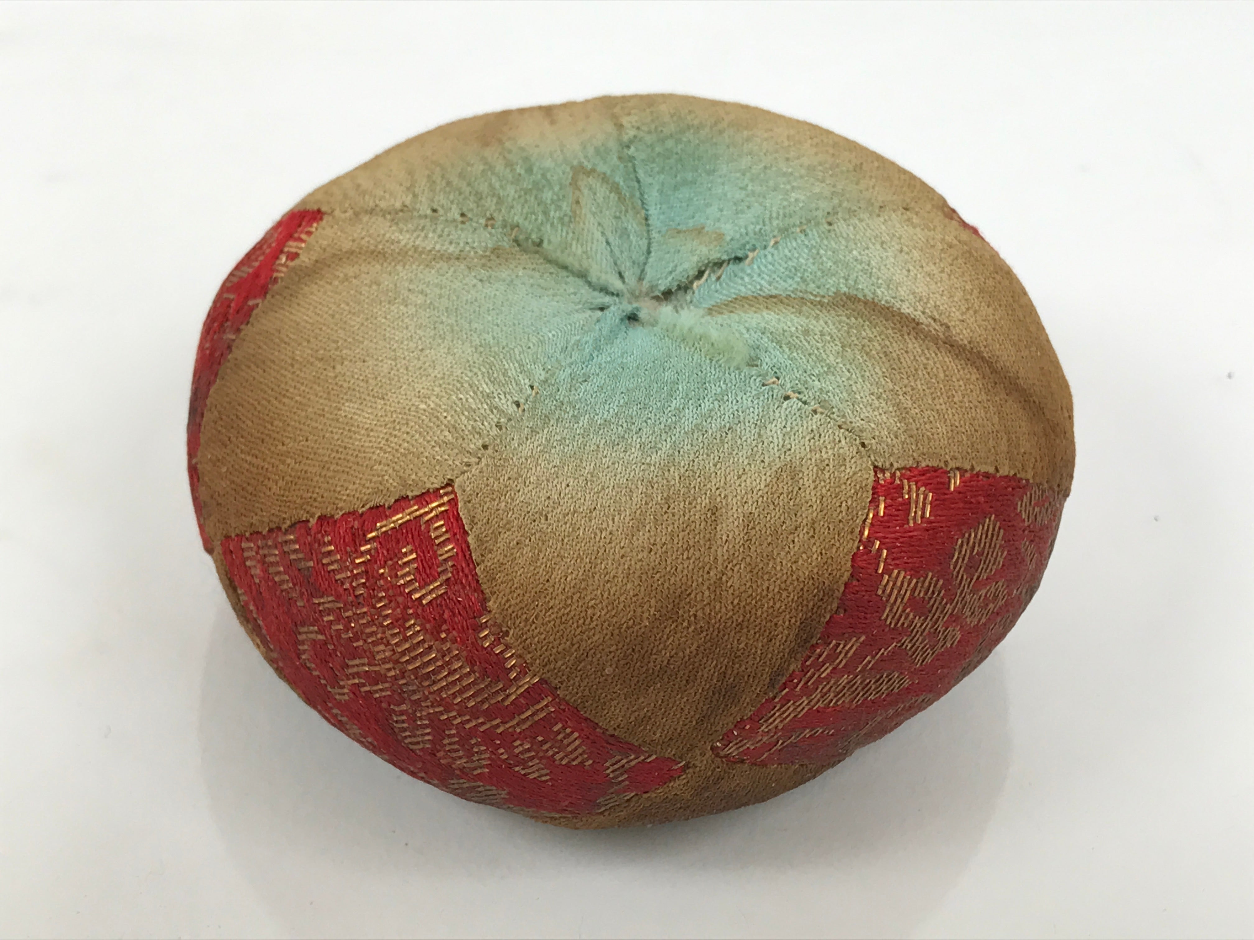 Japanese Buddhist Orin Bell Singing Bowl Fabric Pillow Vtg Blue Red Gold BA895