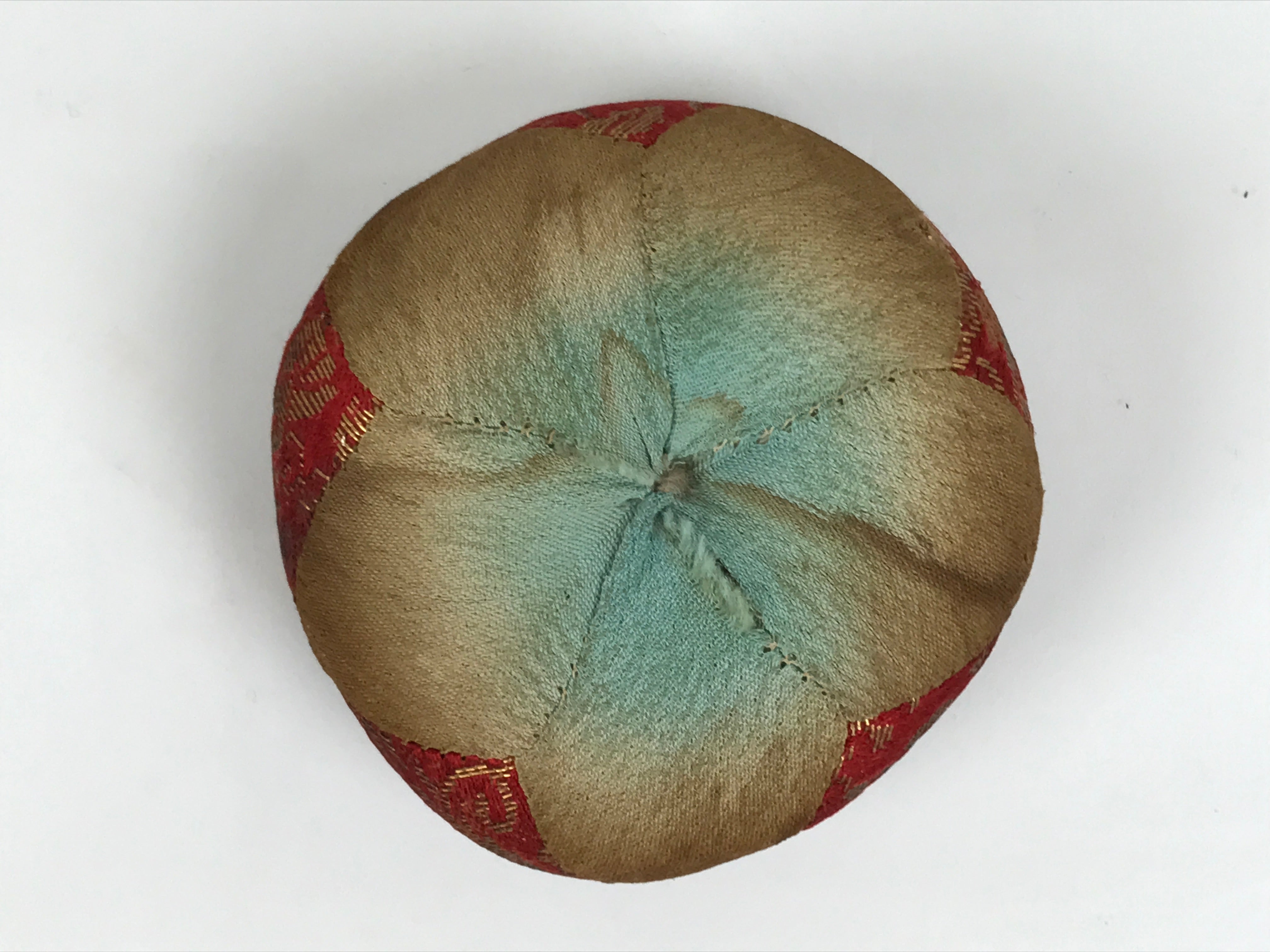 Japanese Buddhist Orin Bell Singing Bowl Fabric Pillow Vtg Blue Red Gold BA895