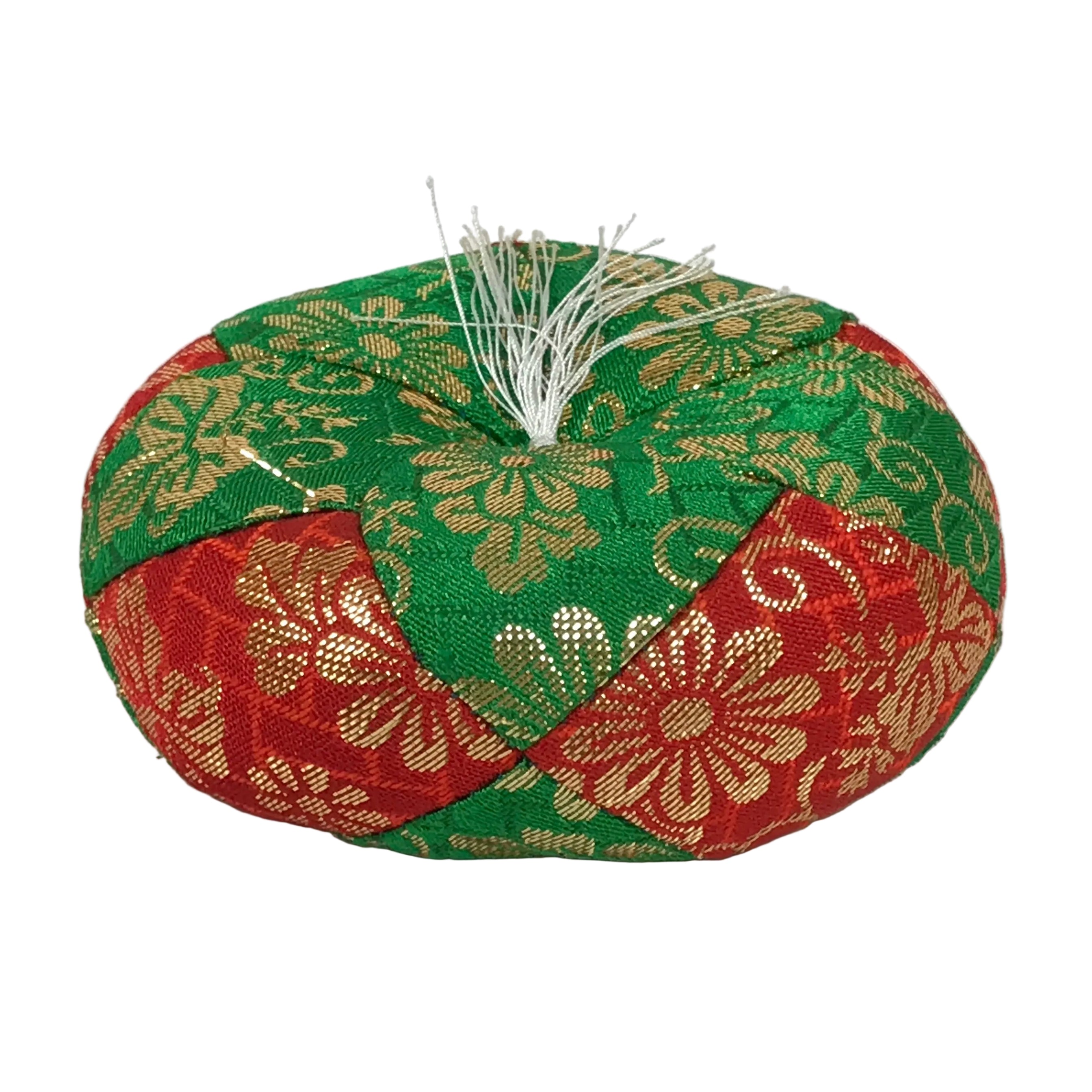 Japanese Buddhist Orin Bell Singing Bowl Fabric Pillow Vtg Green Red Gold BA893
