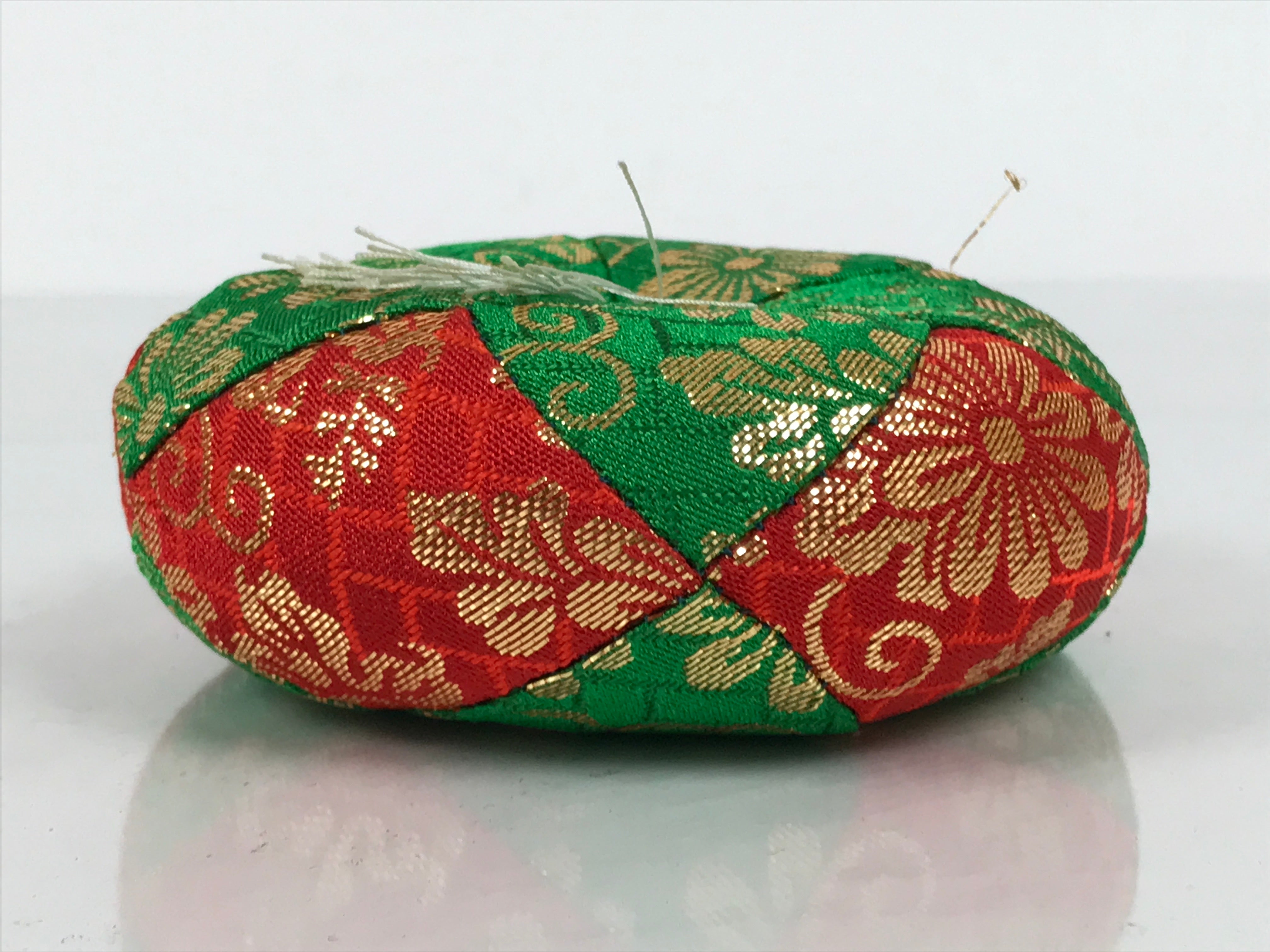 Japanese Buddhist Orin Bell Singing Bowl Fabric Pillow Vtg Green Red Gold BA893