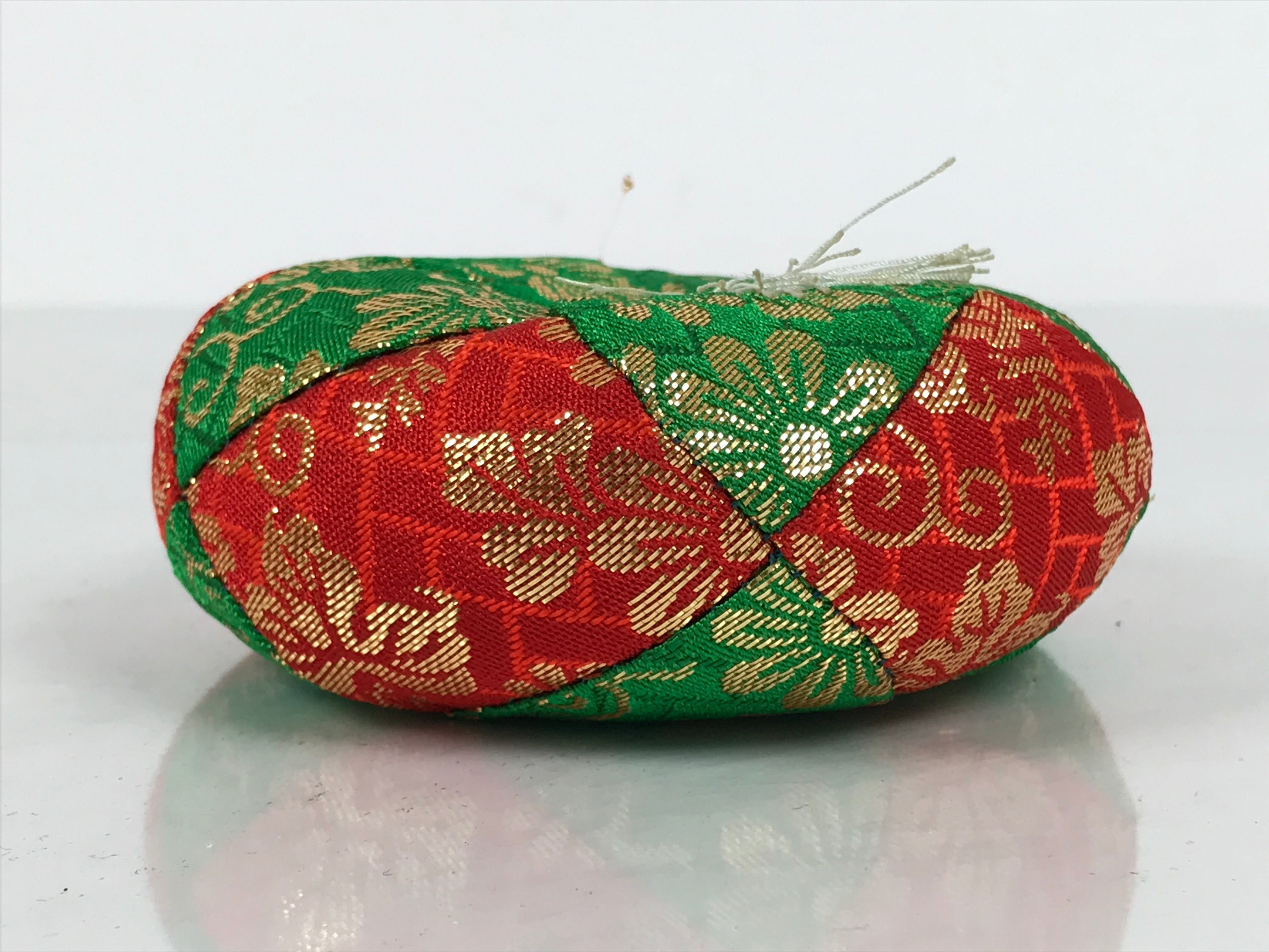 Japanese Buddhist Orin Bell Singing Bowl Fabric Pillow Vtg Green Red Gold BA893