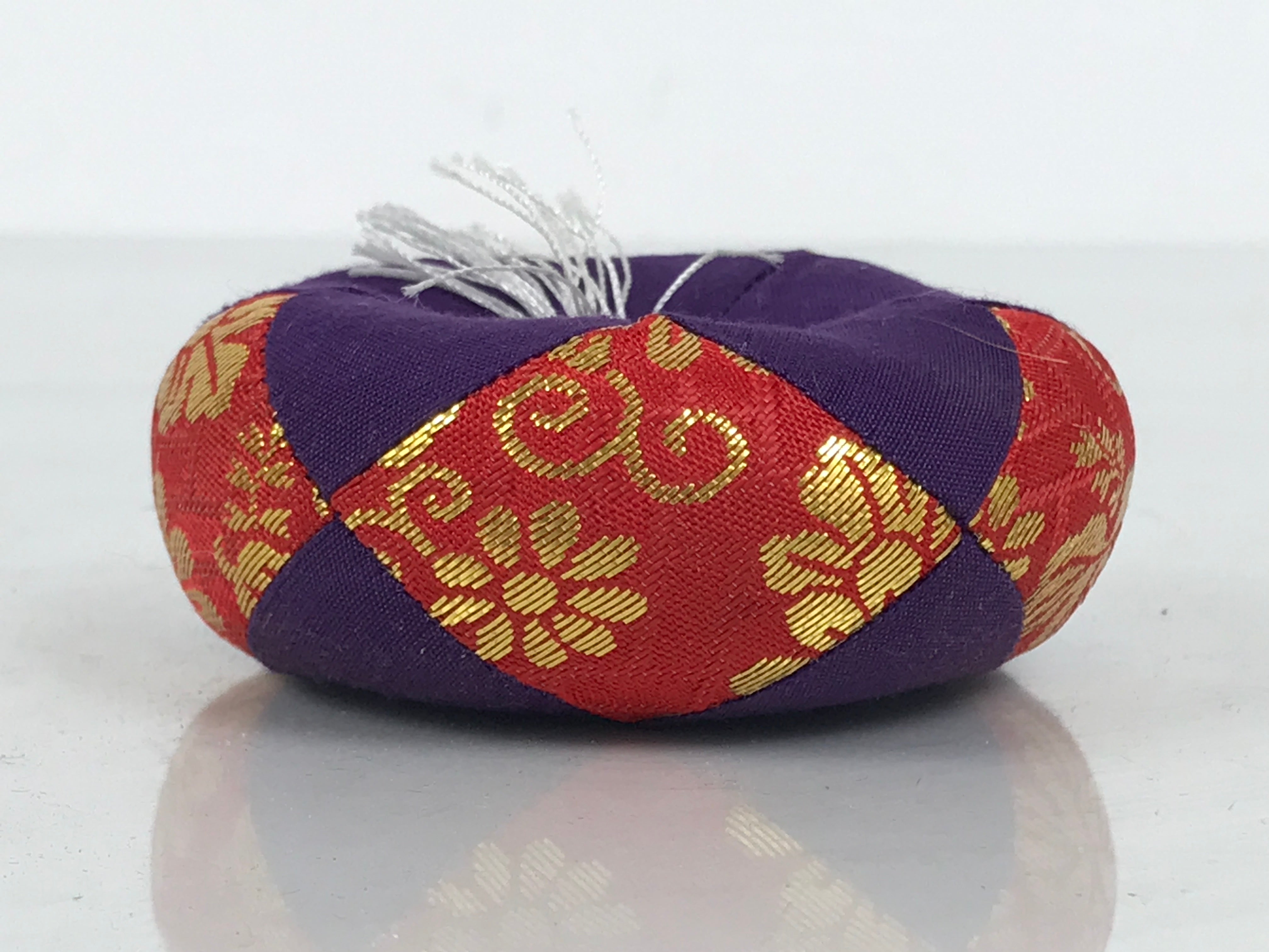Japanese Buddhist Orin Bell Singing Bowl Fabric Pillow Vtg Purple Red Gold BA896