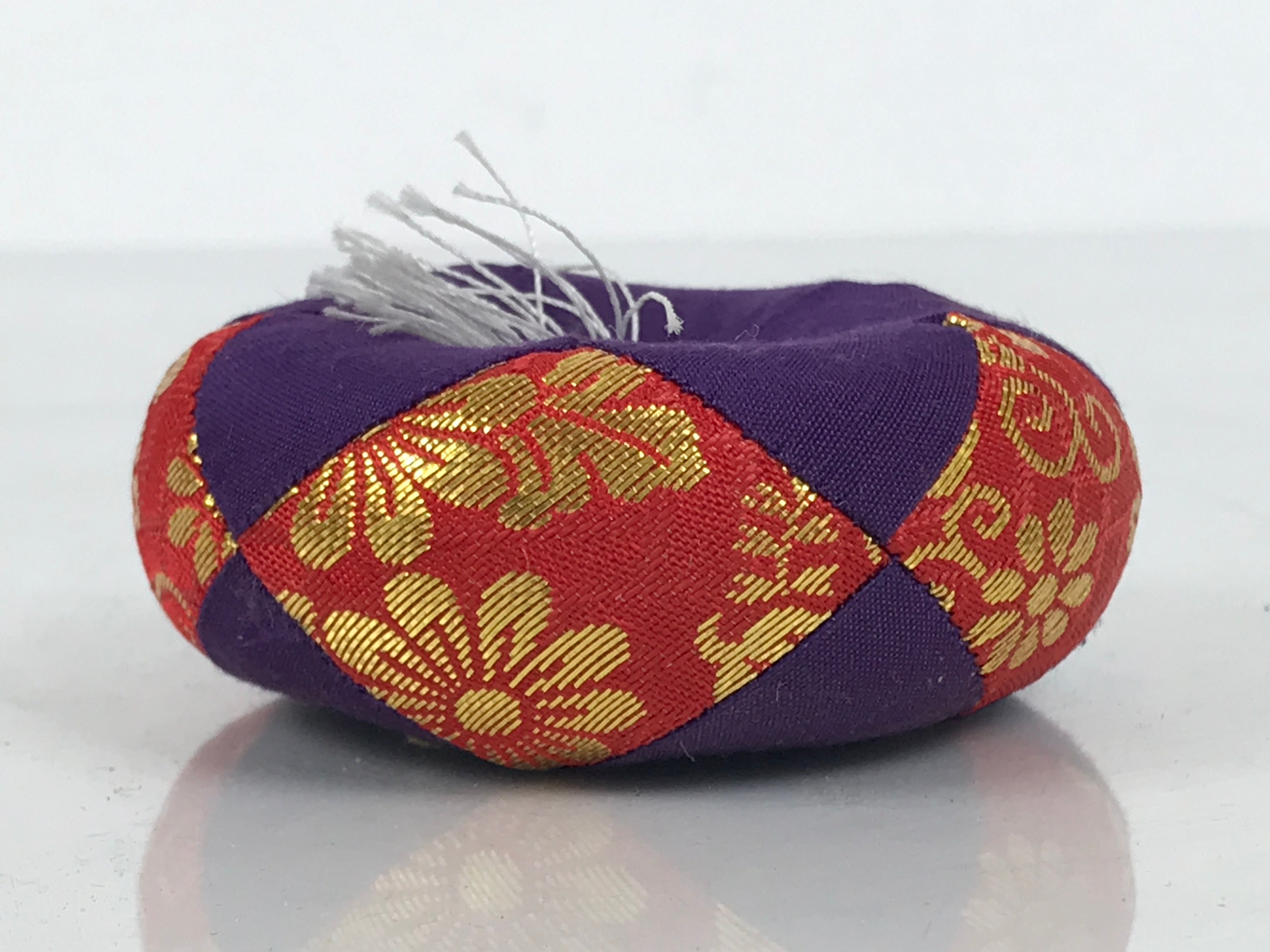 Japanese Buddhist Orin Bell Singing Bowl Fabric Pillow Vtg Purple Red Gold BA896