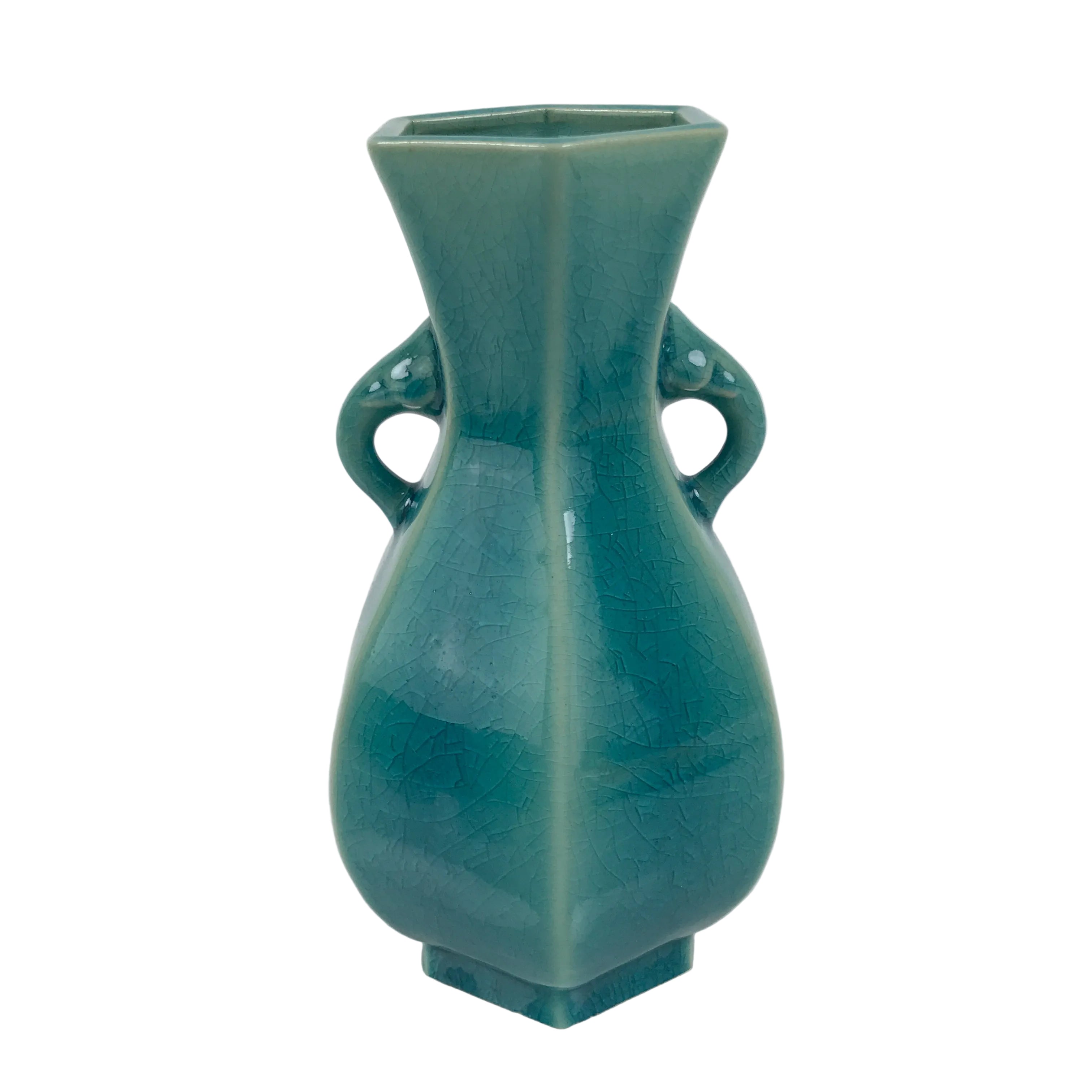 Japanese Ceramic Flower Vase Vtg Ikebana Kabin Green Glass Glaze Baluster FK238