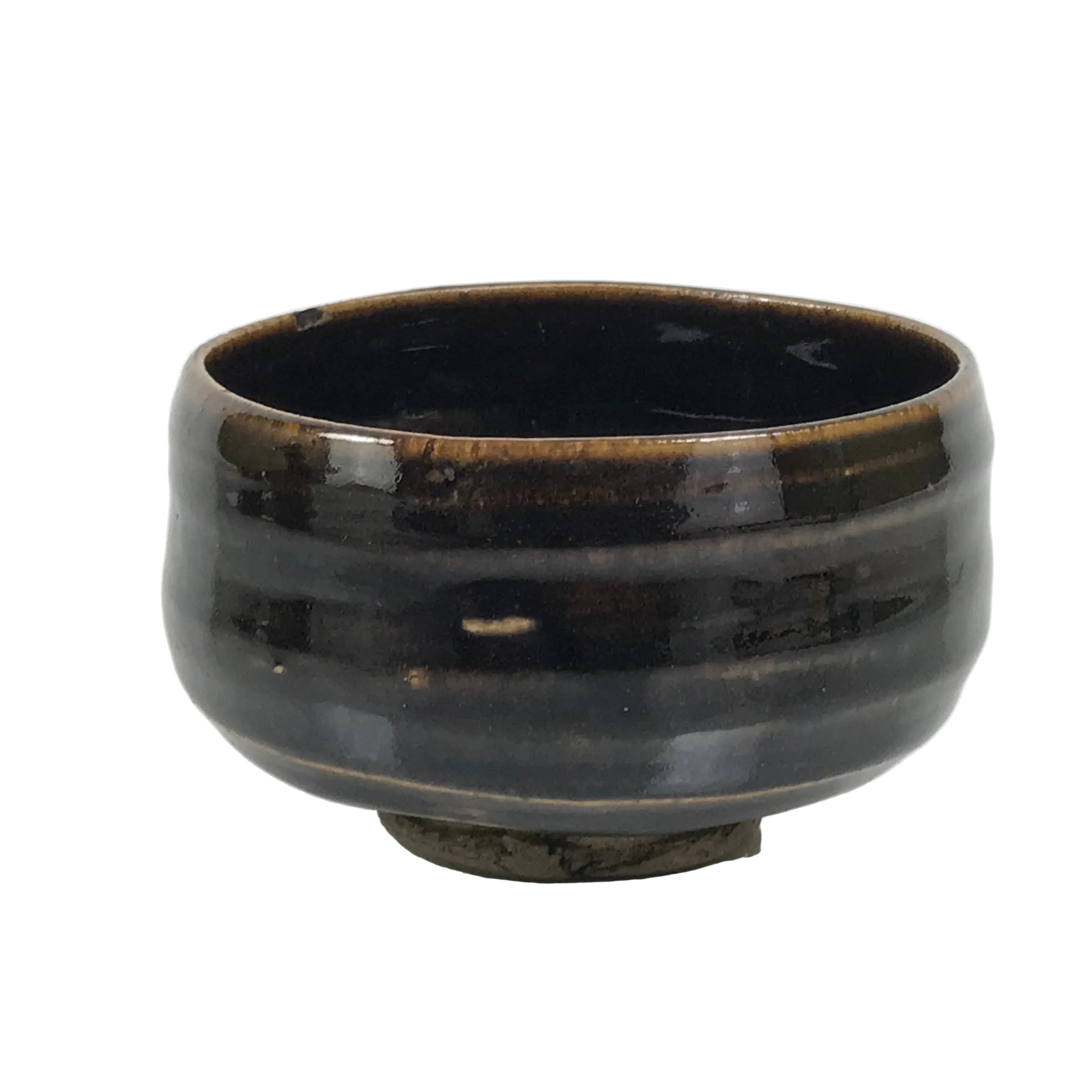 Japanese Ceramic Green Tea Bowl Matcha Chawan Vtg Pottery Dark Brown CHB158