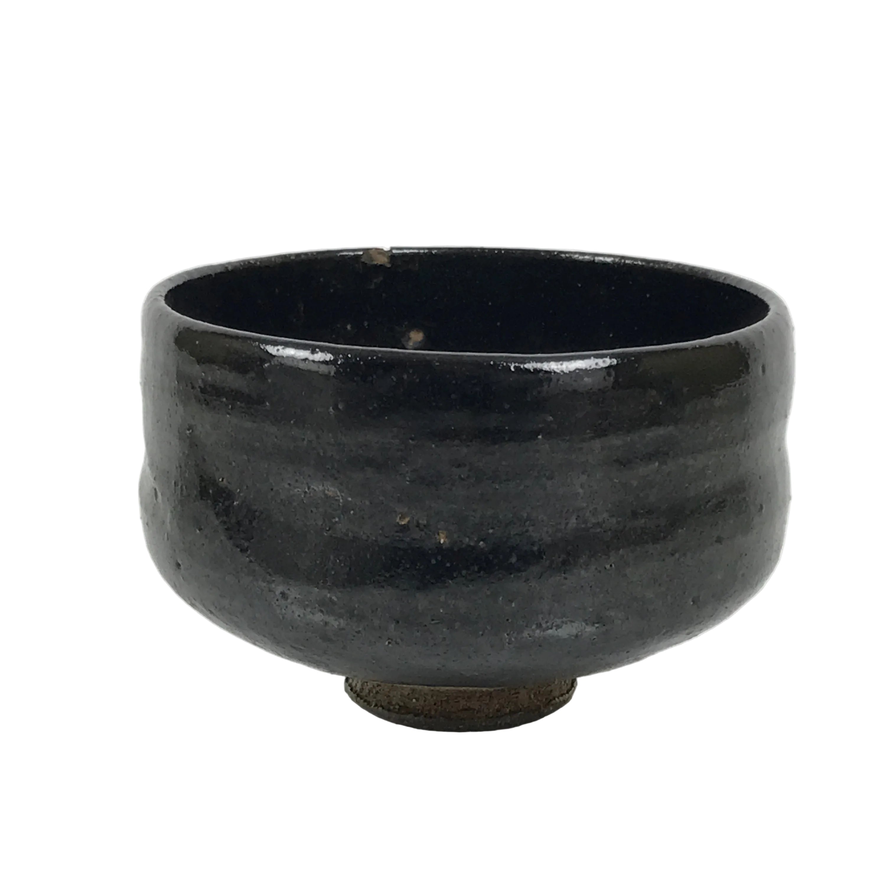 Japanese Ceramic Green Tea Bowl Matcha Chawan Vtg Pottery Glossy Black CHB153