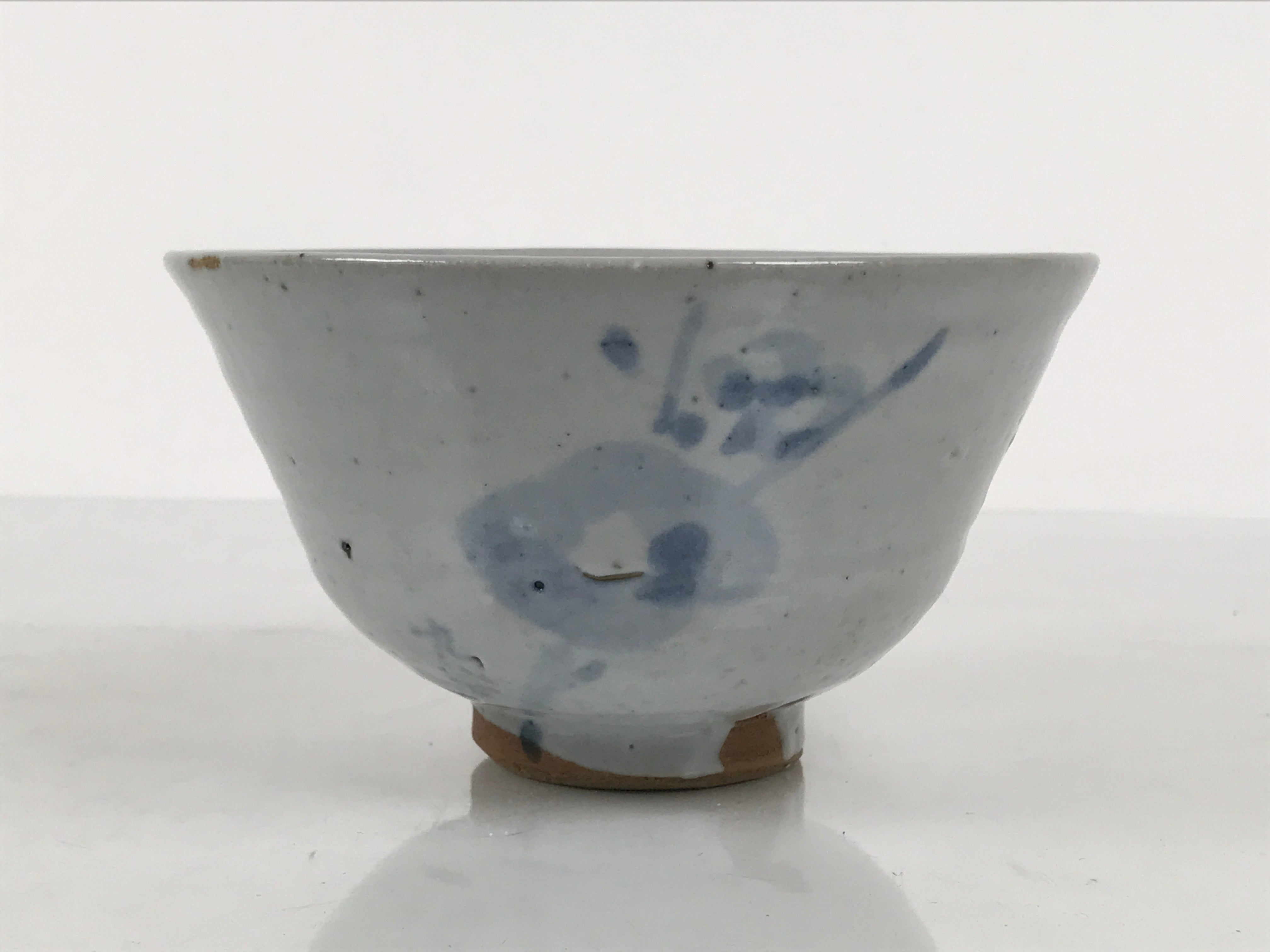 Japanese Ceramic Green Tea Bowl Matcha Chawan Vtg Pottery Gray Blue Plum CHB147