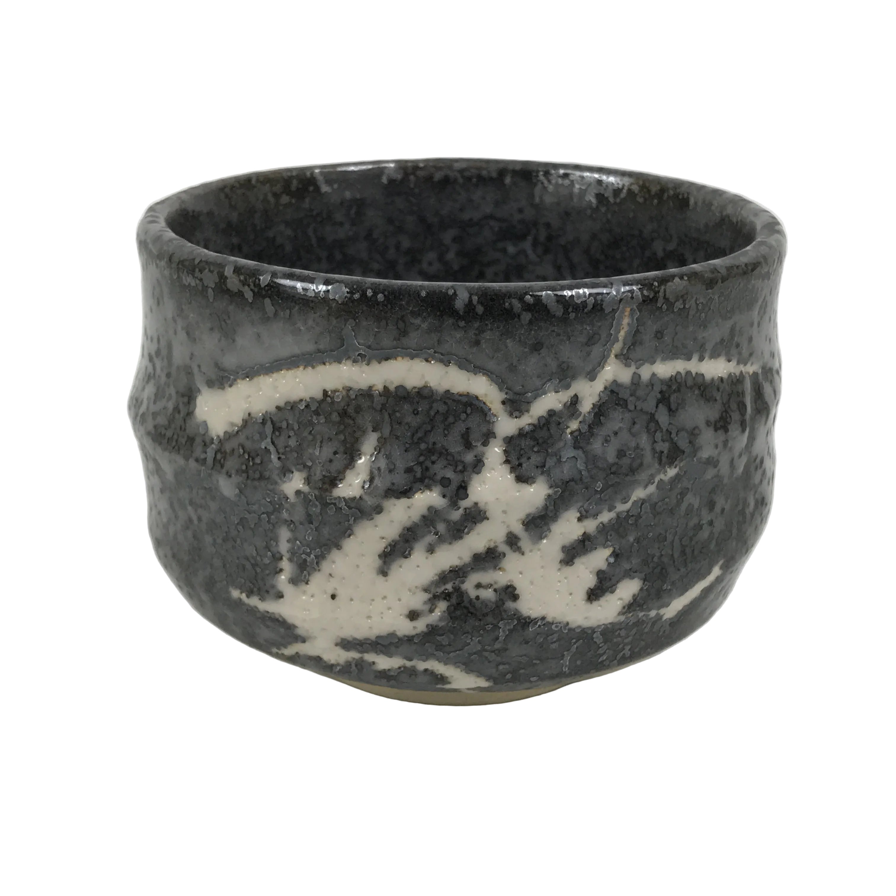 Japanese Ceramic Green Tea Bowl Matcha Chawan Vtg Pottery Gray White Drip PX805