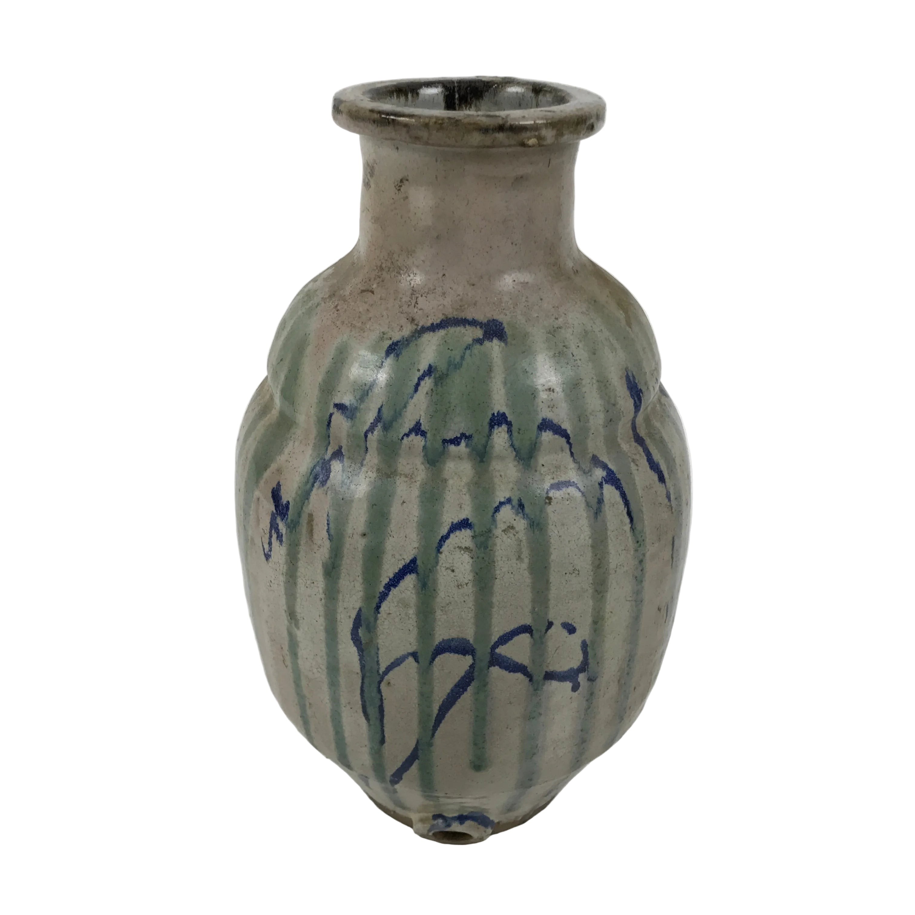 Japanese Ceramic Pottery Sake Bottle Vtg Large Pot Spout Gray Green Blue TS919