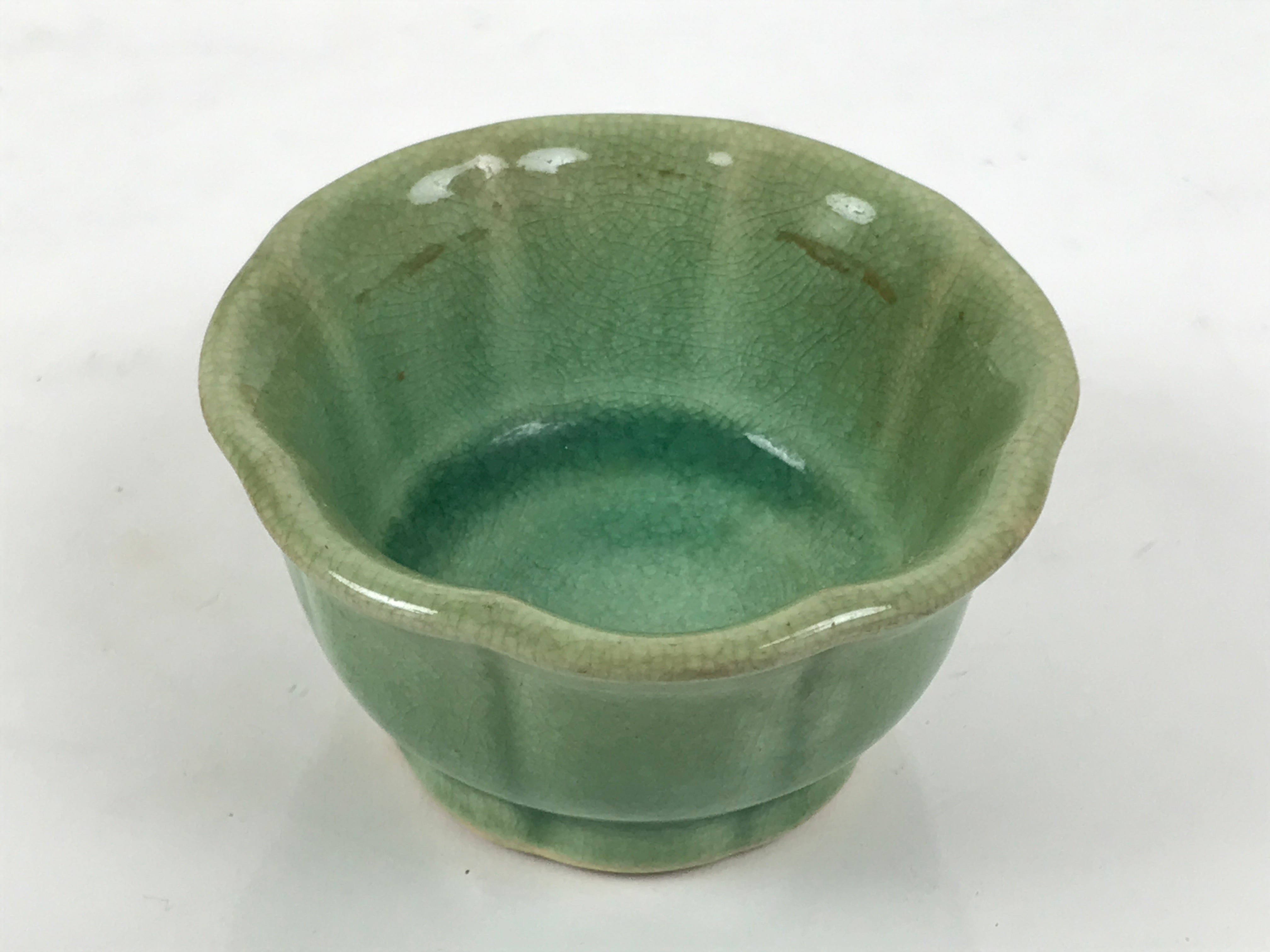 Japanese Ceramic Pottery Small Bowl Vtg Mamebachi Side Dish Green Glaze Y567