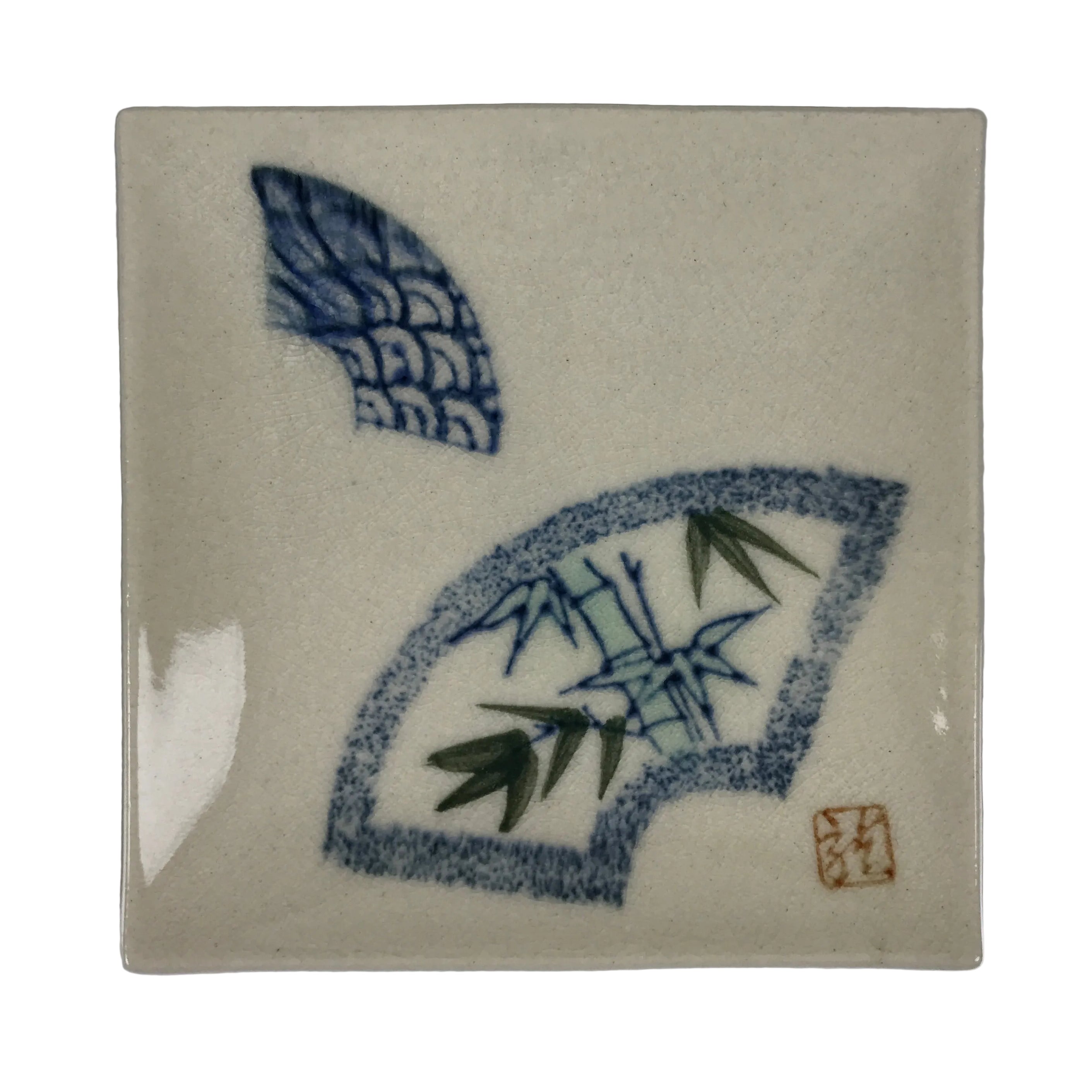 Japanese Ceramic Small Plate Kozara Vtg Square Pottery Bamboo Blue Beige Y550