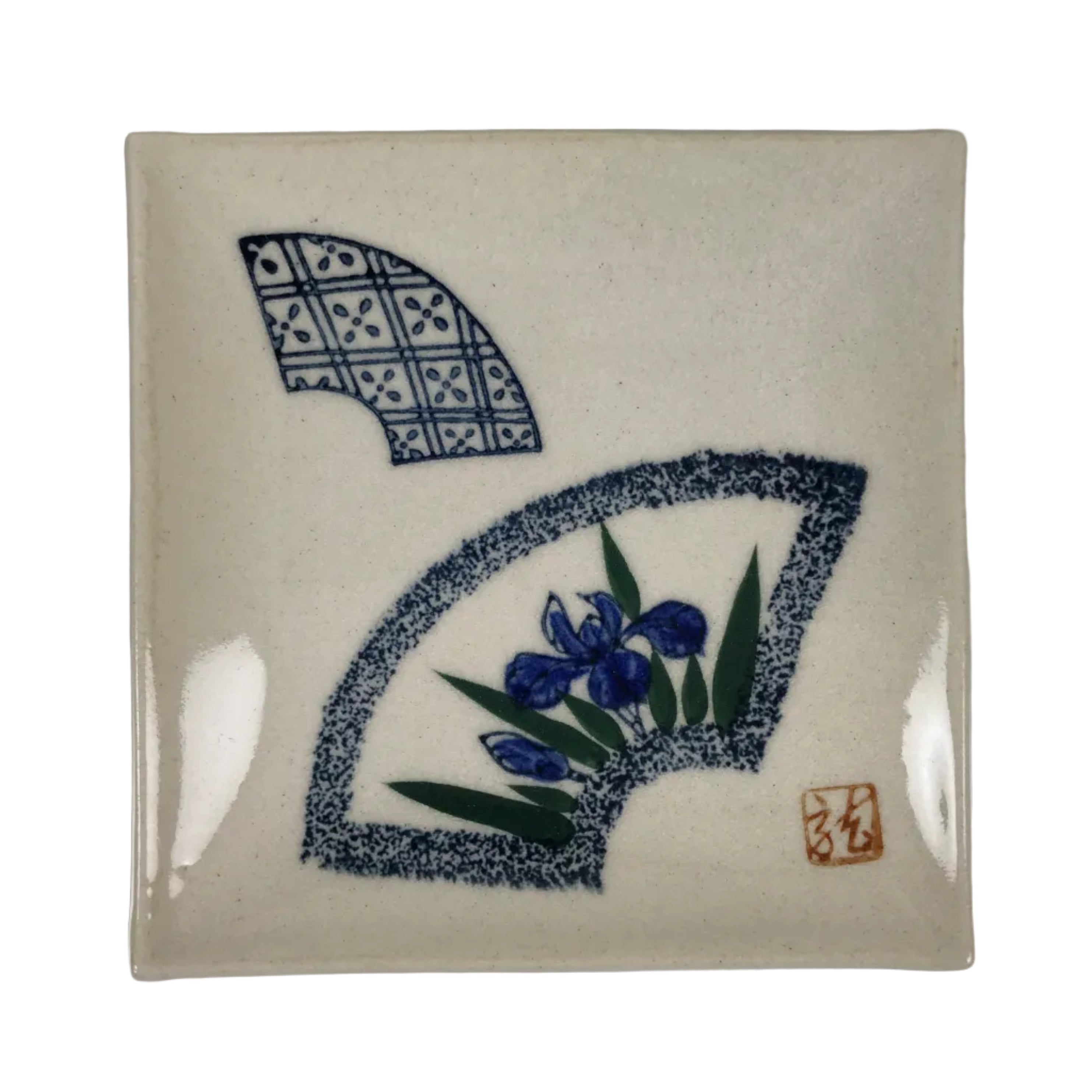 Japanese Ceramic Small Plate Kozara Vtg Square Pottery Iris Blue Beige Y552