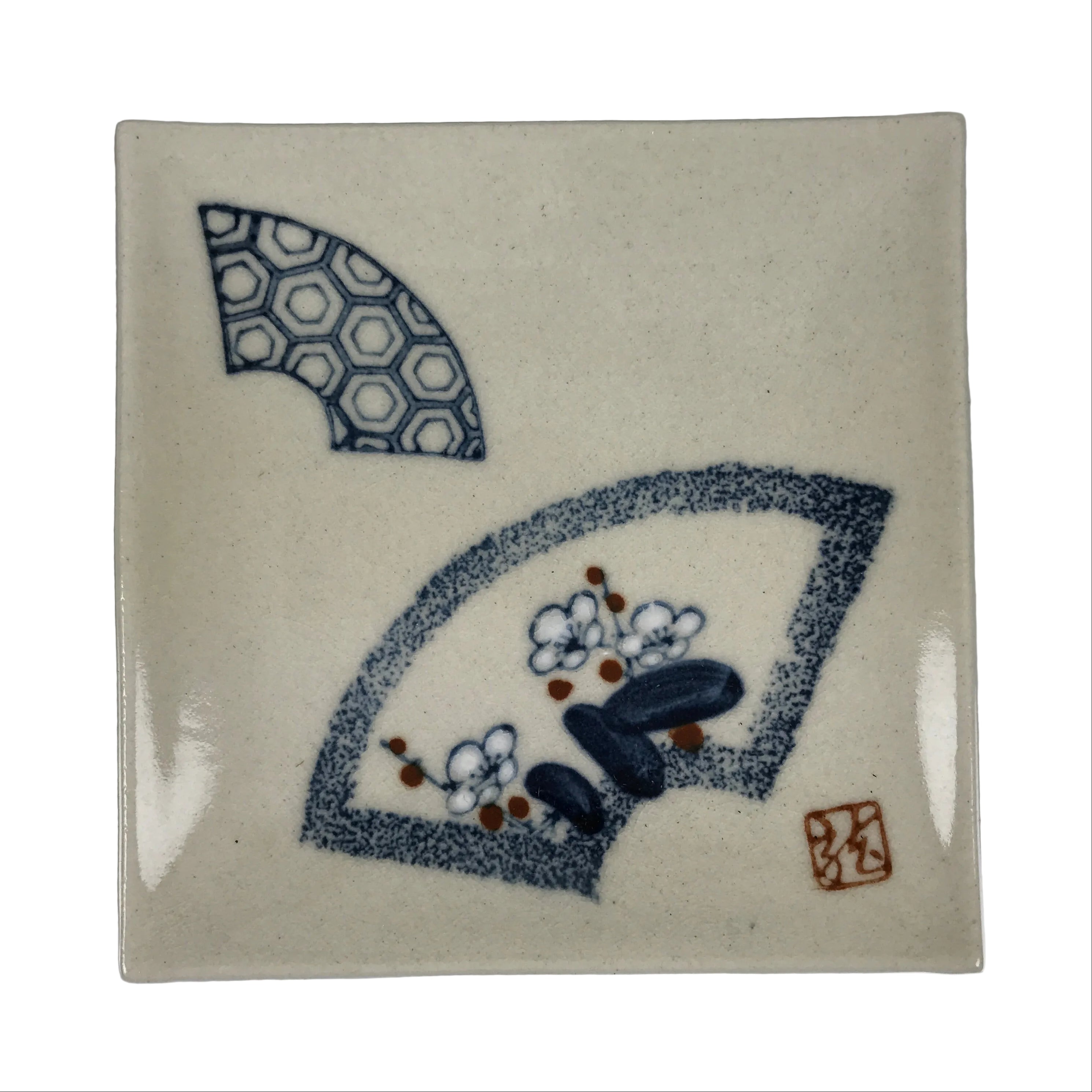 Japanese Ceramic Small Plate Kozara Vtg Square Pottery White Plum Blossom Y554