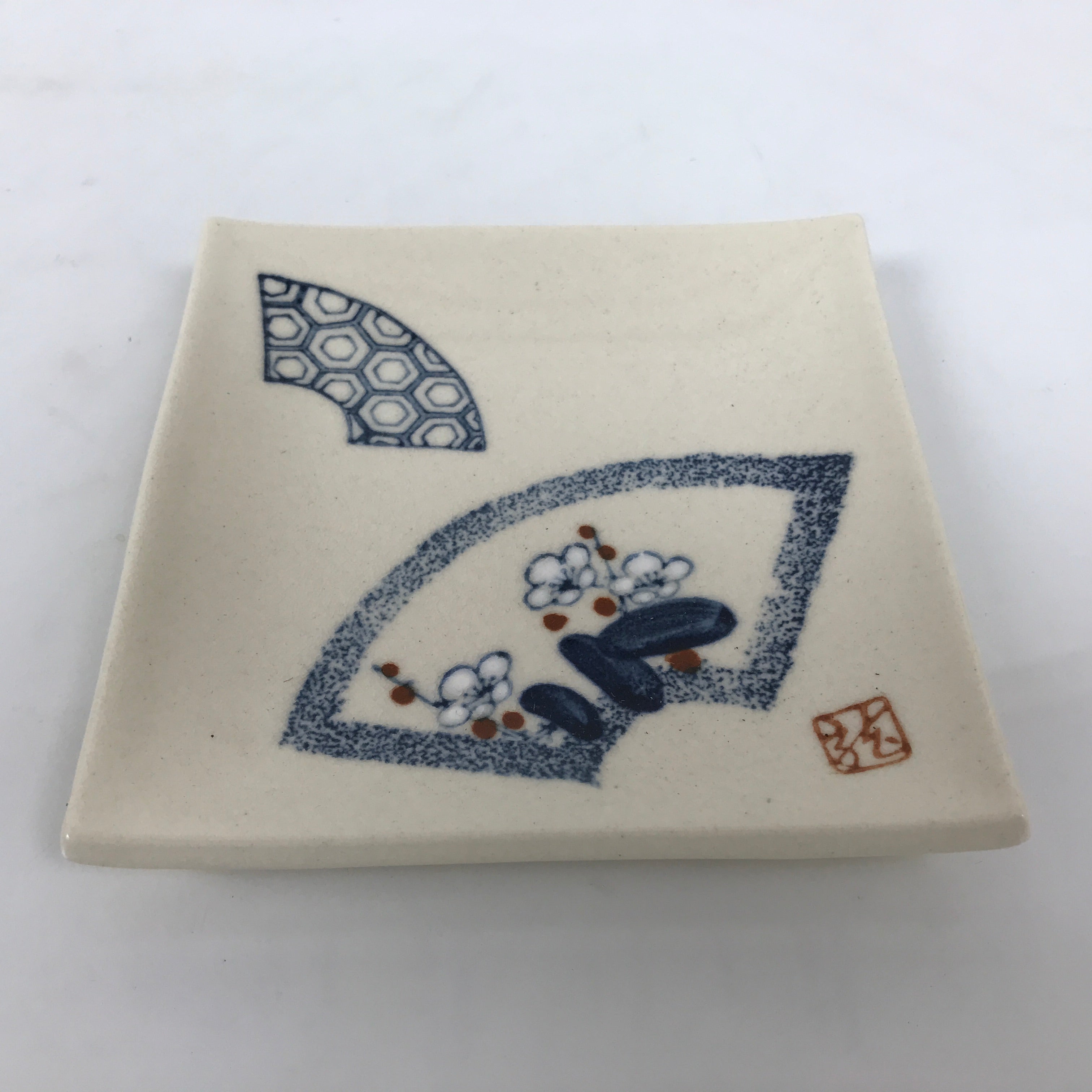 Japanese Ceramic Small Plate Kozara Vtg Square Pottery White Plum Blossom Y554