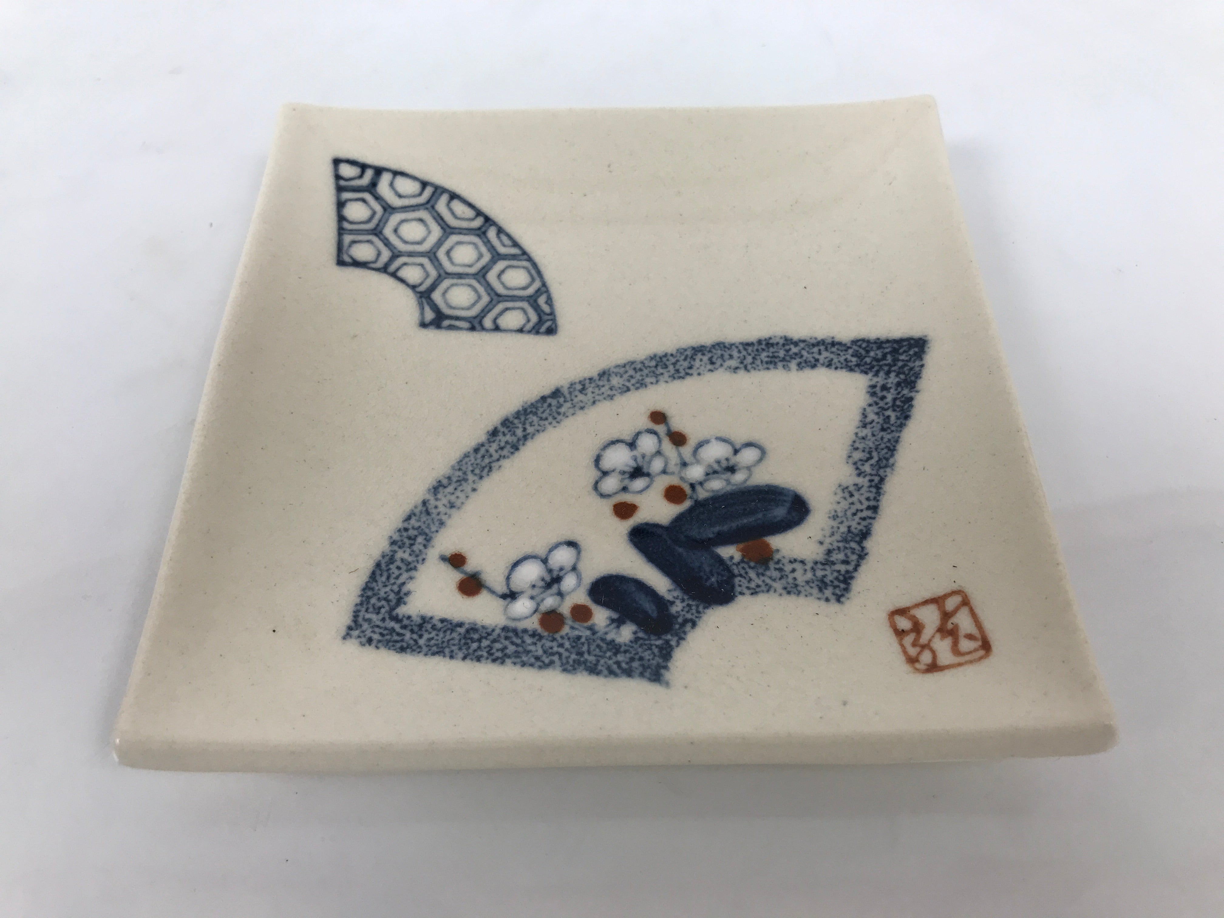 Japanese Ceramic Small Plate Kozara Vtg Square Pottery White Plum Blossom Y554