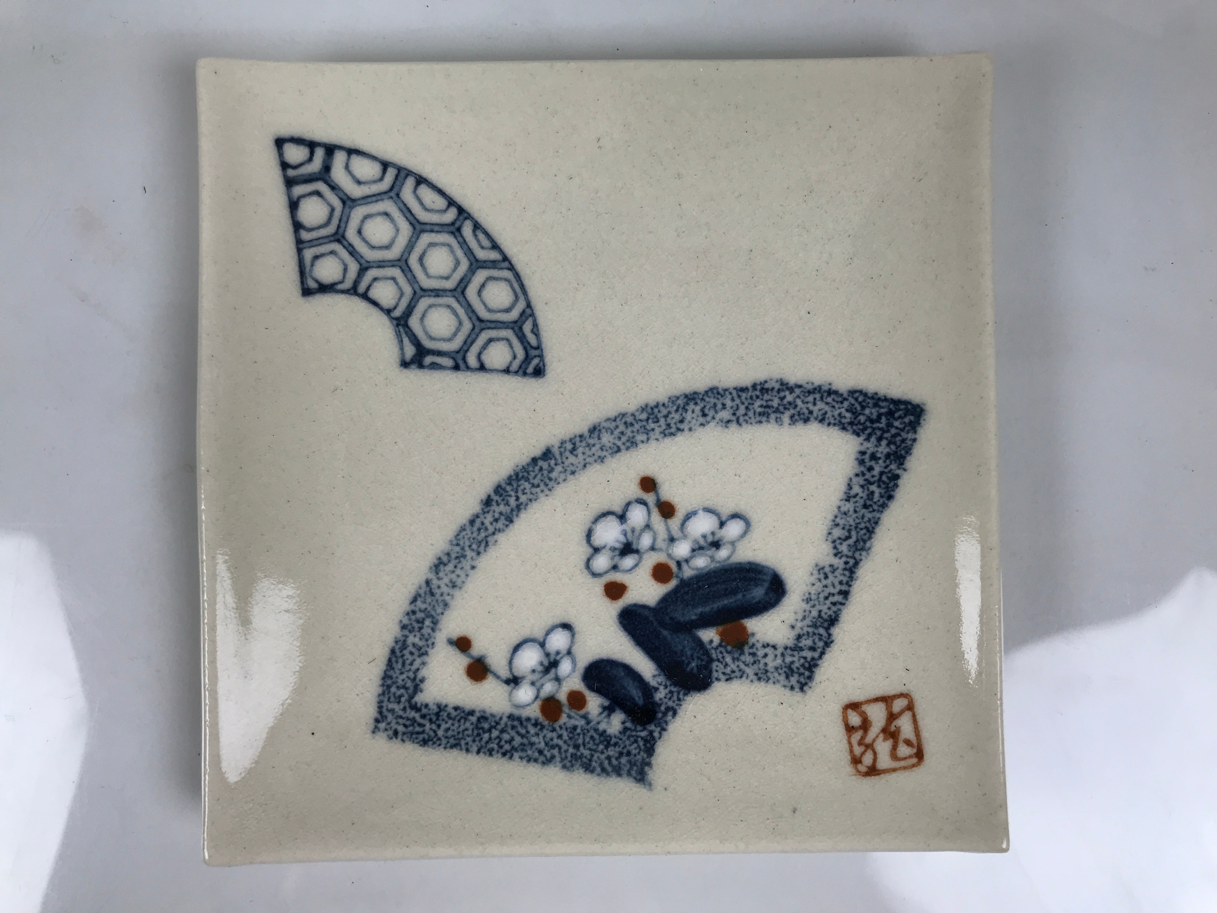 Japanese Ceramic Small Plate Kozara Vtg Square Pottery White Plum Blossom Y554