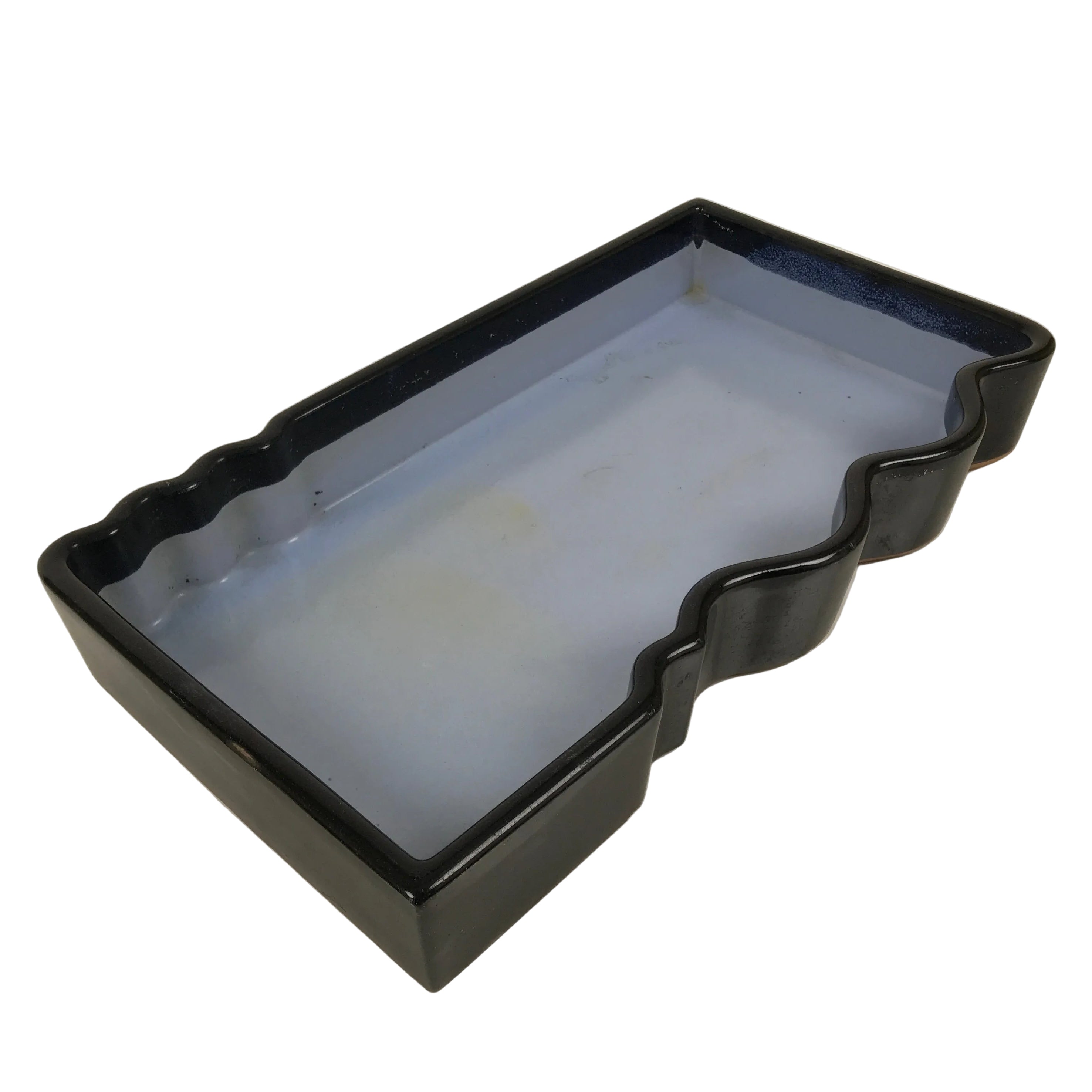 Japanese Ceramic Suiban Flower Vase Vtg Pottery Ikebana Accessory Wavy Blue Y563