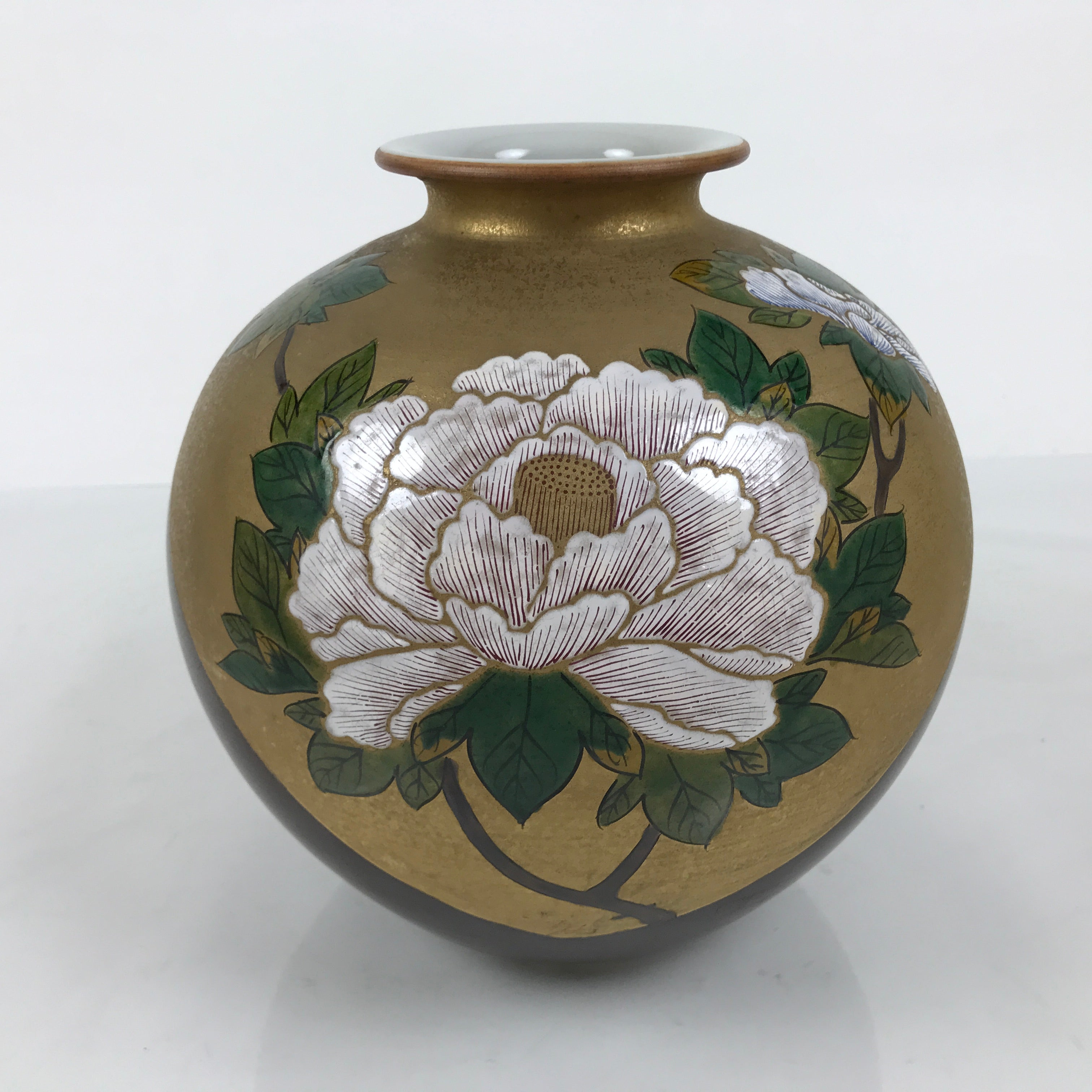 Japanese Kutani Ware Porcelain Flower Vase Ikebana Kabin Peony Gold Brown FK230