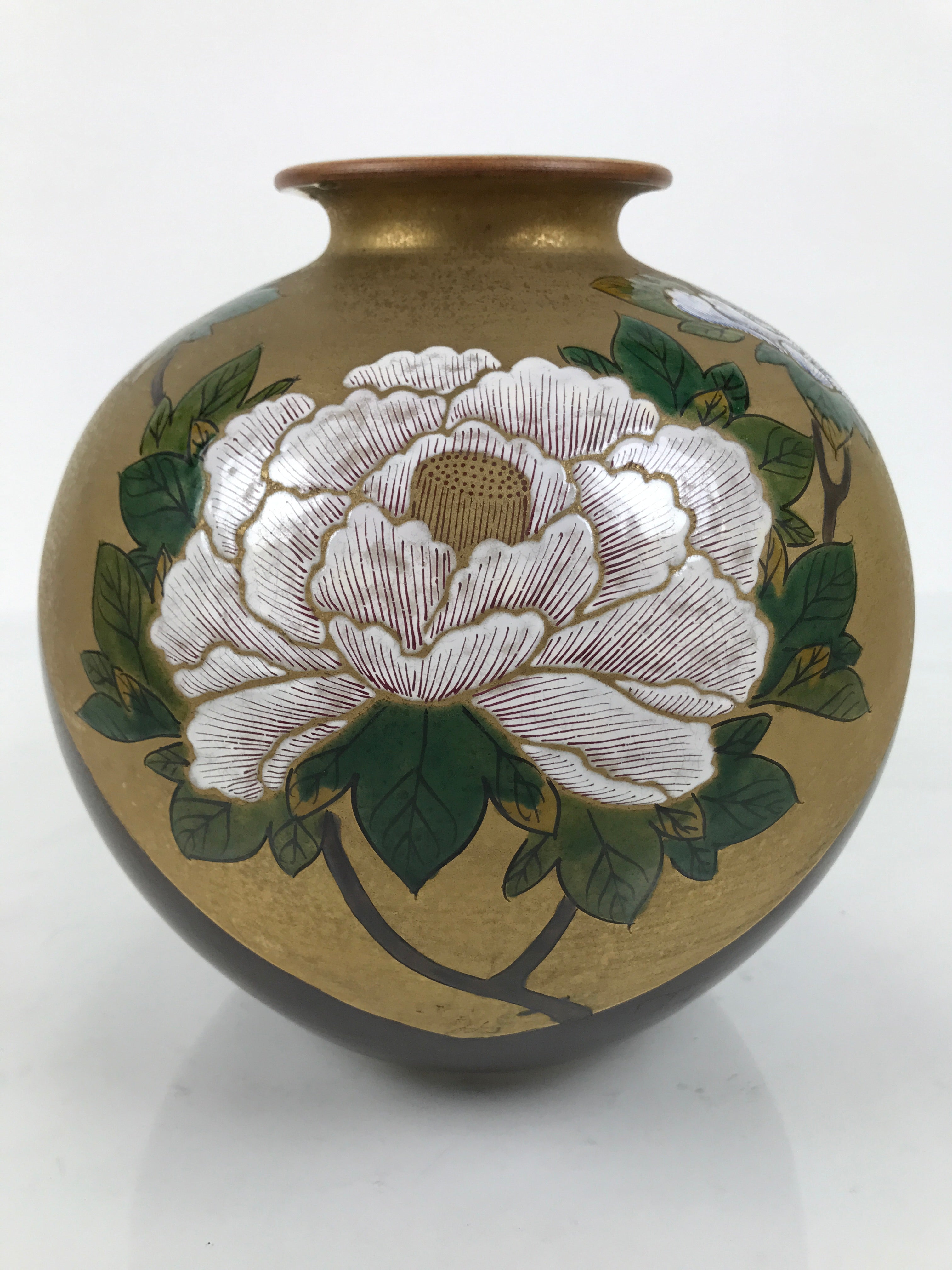 Japanese Kutani Ware Porcelain Flower Vase Ikebana Kabin Peony Gold Brown FK230