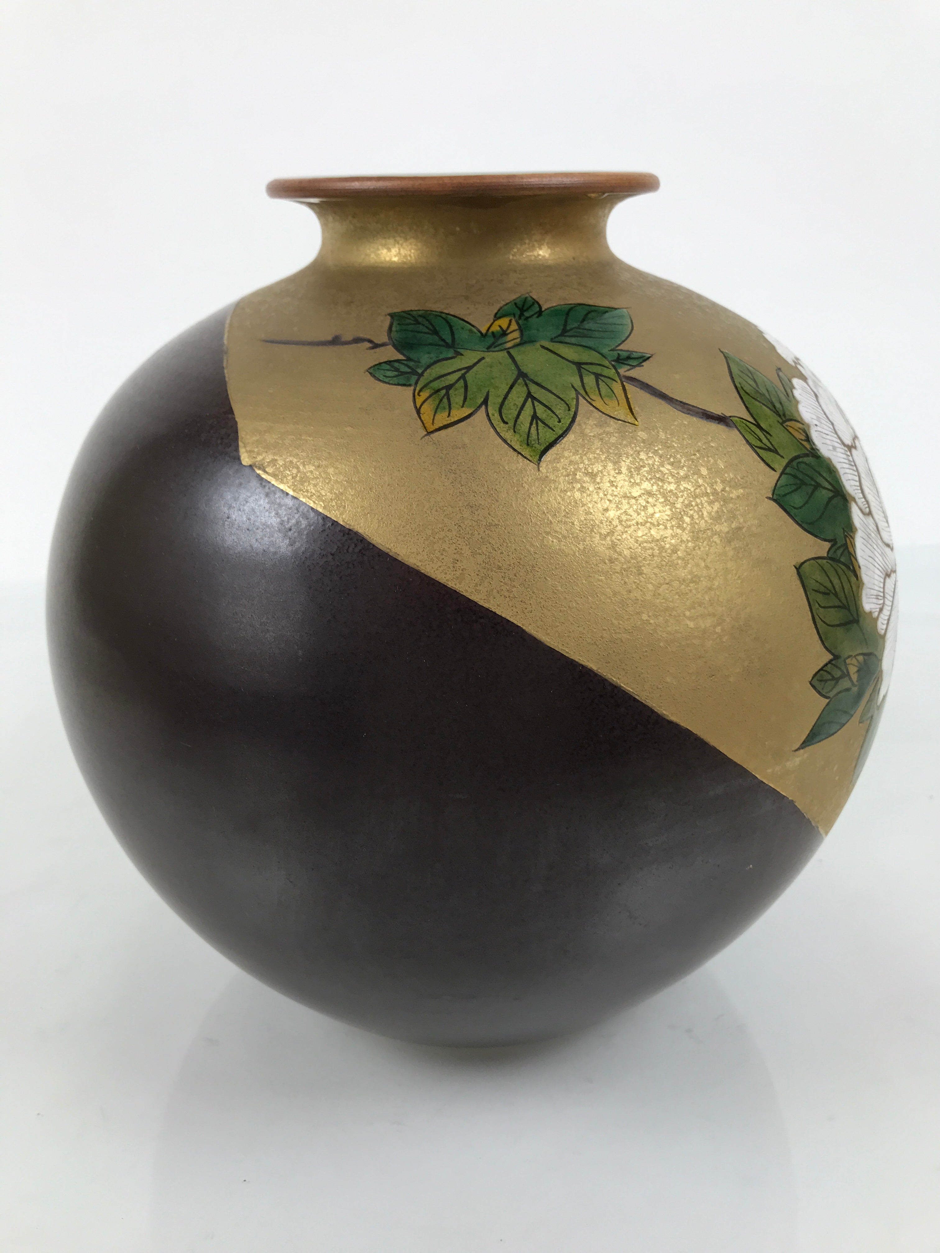 Japanese Kutani Ware Porcelain Flower Vase Ikebana Kabin Peony Gold Brown FK230