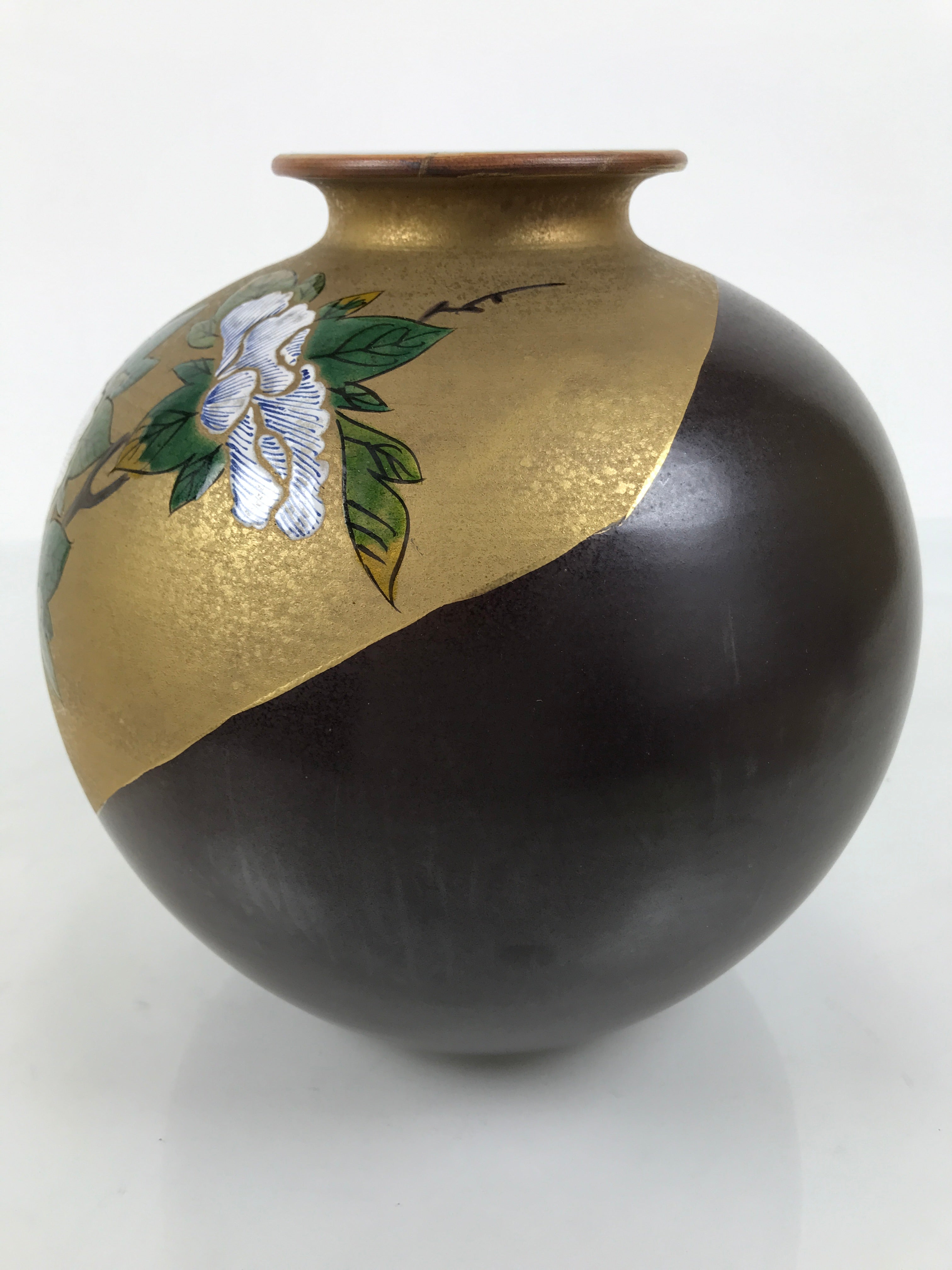 Japanese Kutani Ware Porcelain Flower Vase Ikebana Kabin Peony Gold Brown FK230