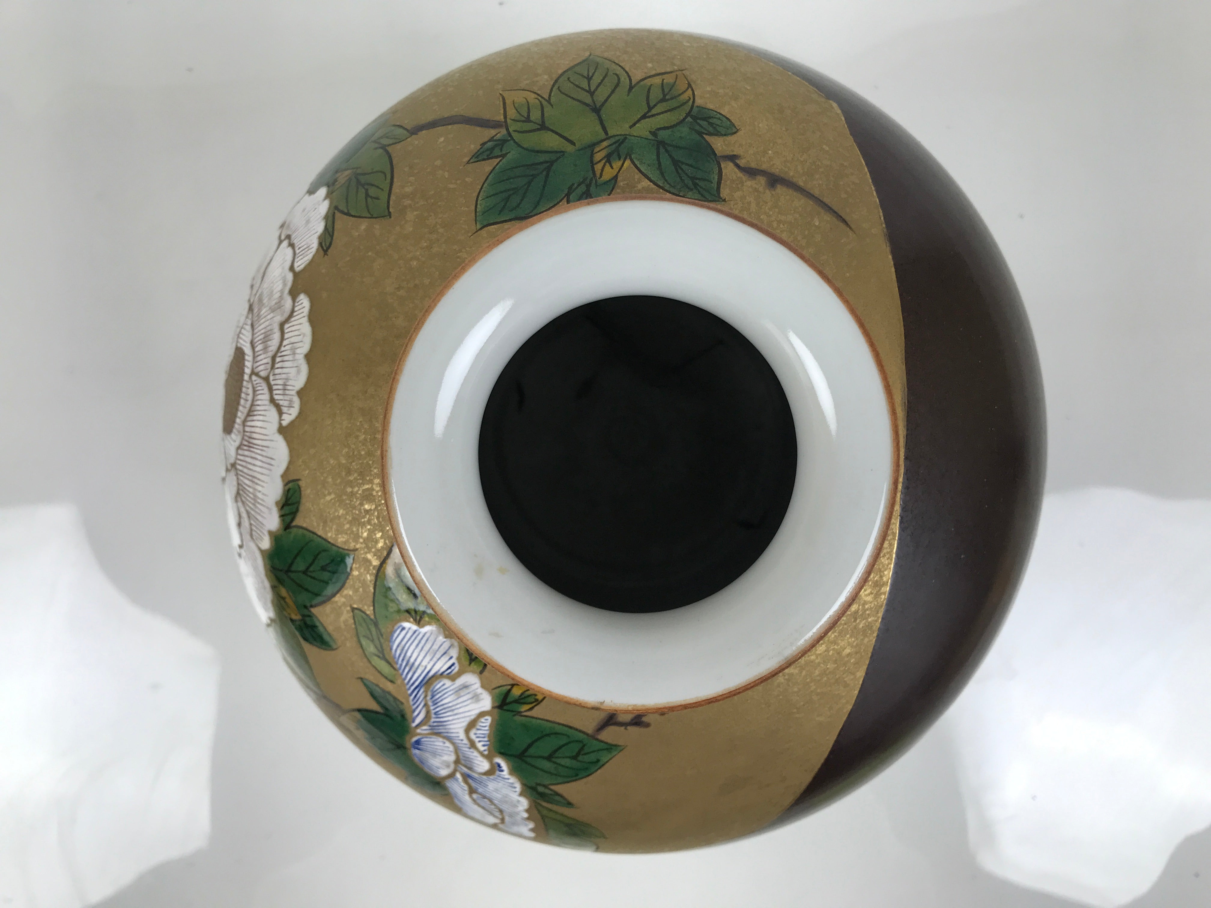 Japanese Kutani Ware Porcelain Flower Vase Ikebana Kabin Peony Gold Brown FK230