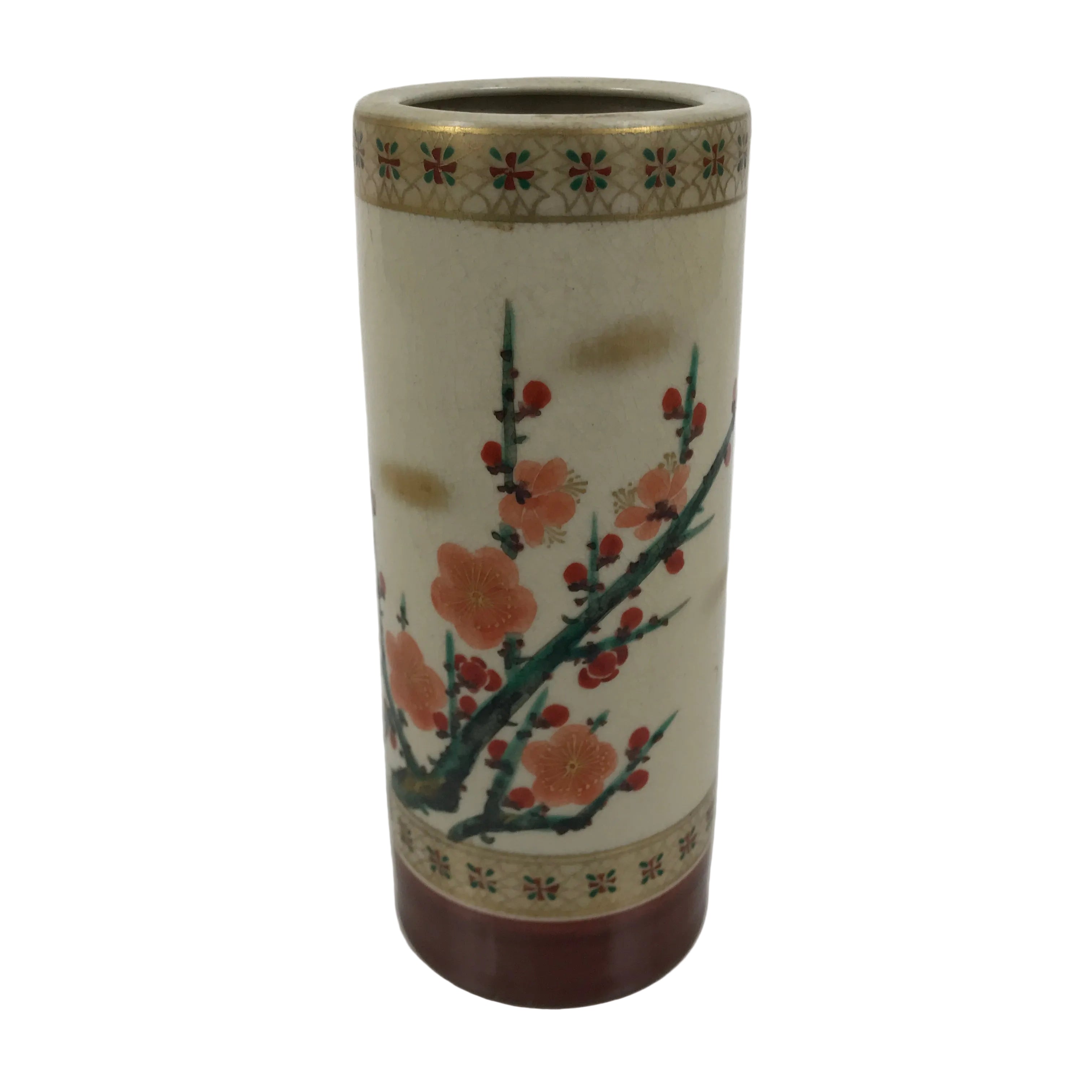 Japanese Kutani Ware Porcelain Flower Vase Ikebana Kabin Plum Ume Cylinder FK237