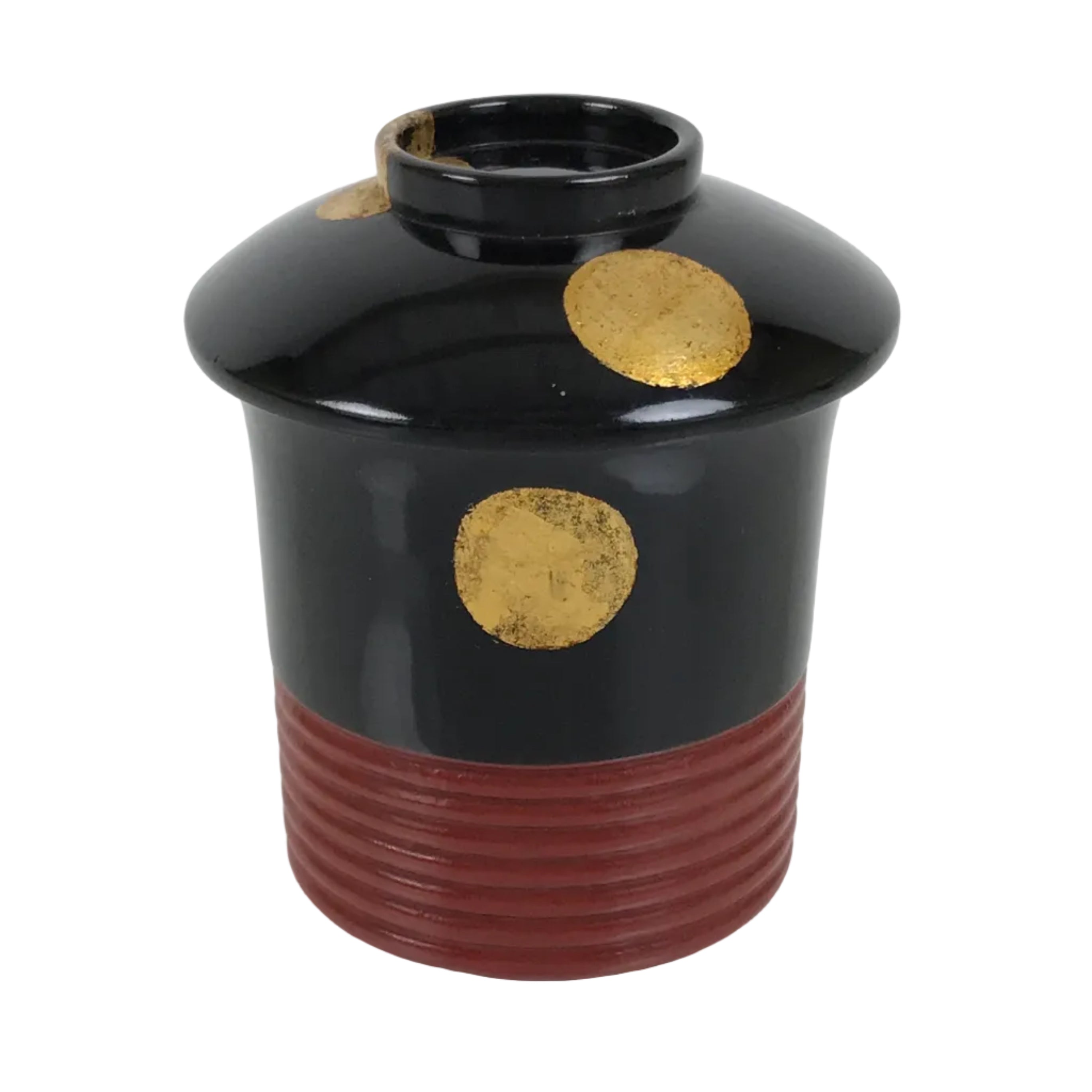 Japanese Lacquer Wood Lidded Small Kaiseki Bowl Makie Gold Dots Black Red L603
