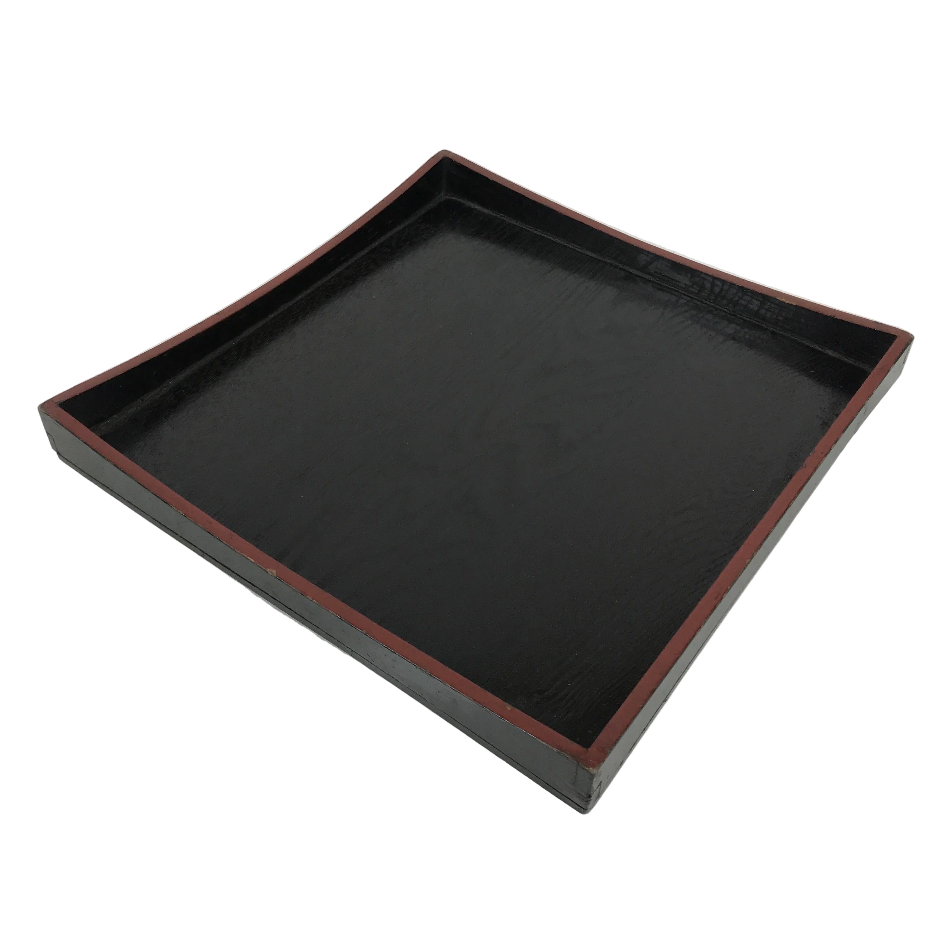 Japanese Lacquered Wood Serving Tray Obon Vtg Square Curved Red Edge Black L612