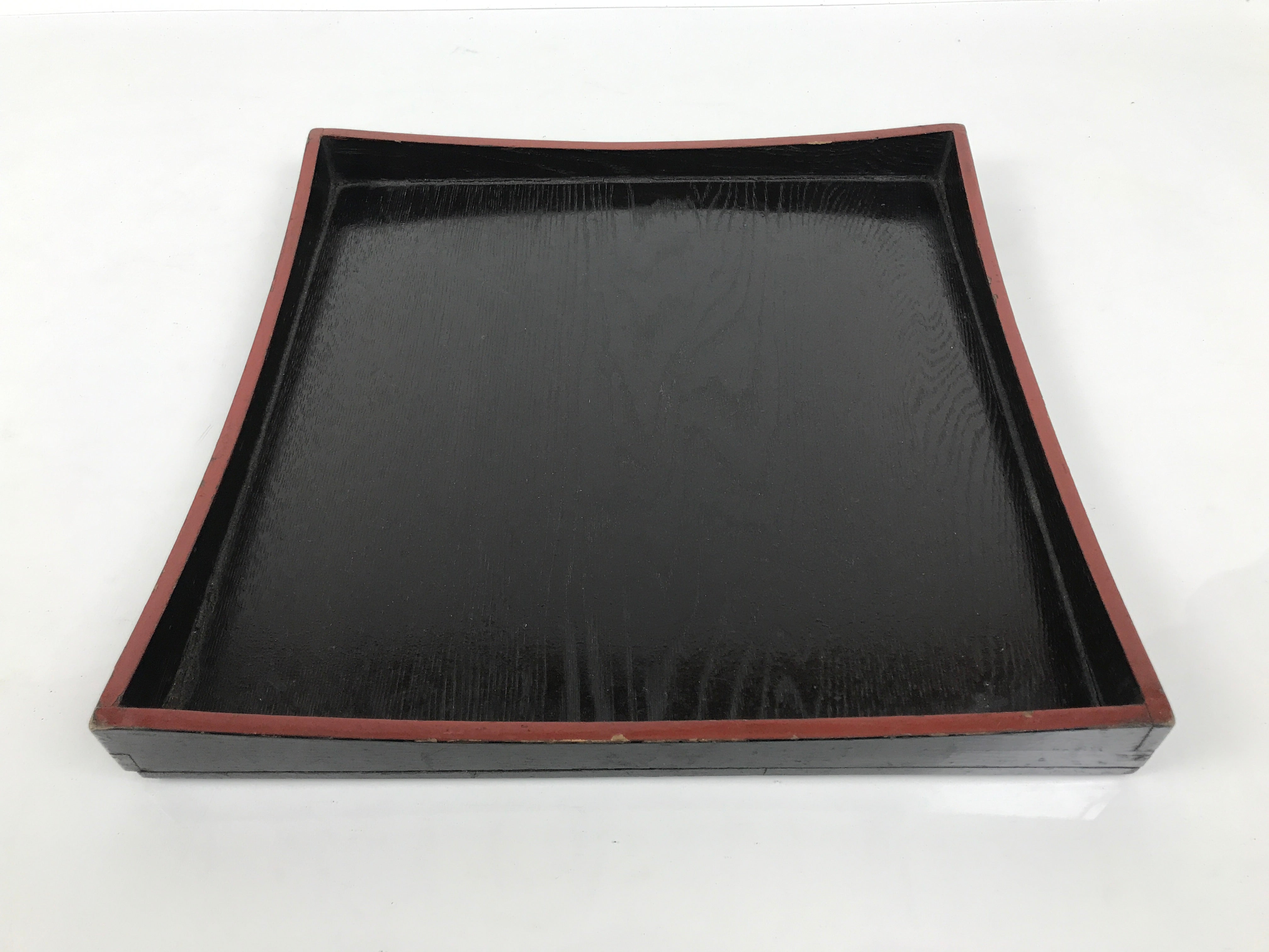 Japanese Lacquered Wood Serving Tray Obon Vtg Square Curved Red Edge Black L612