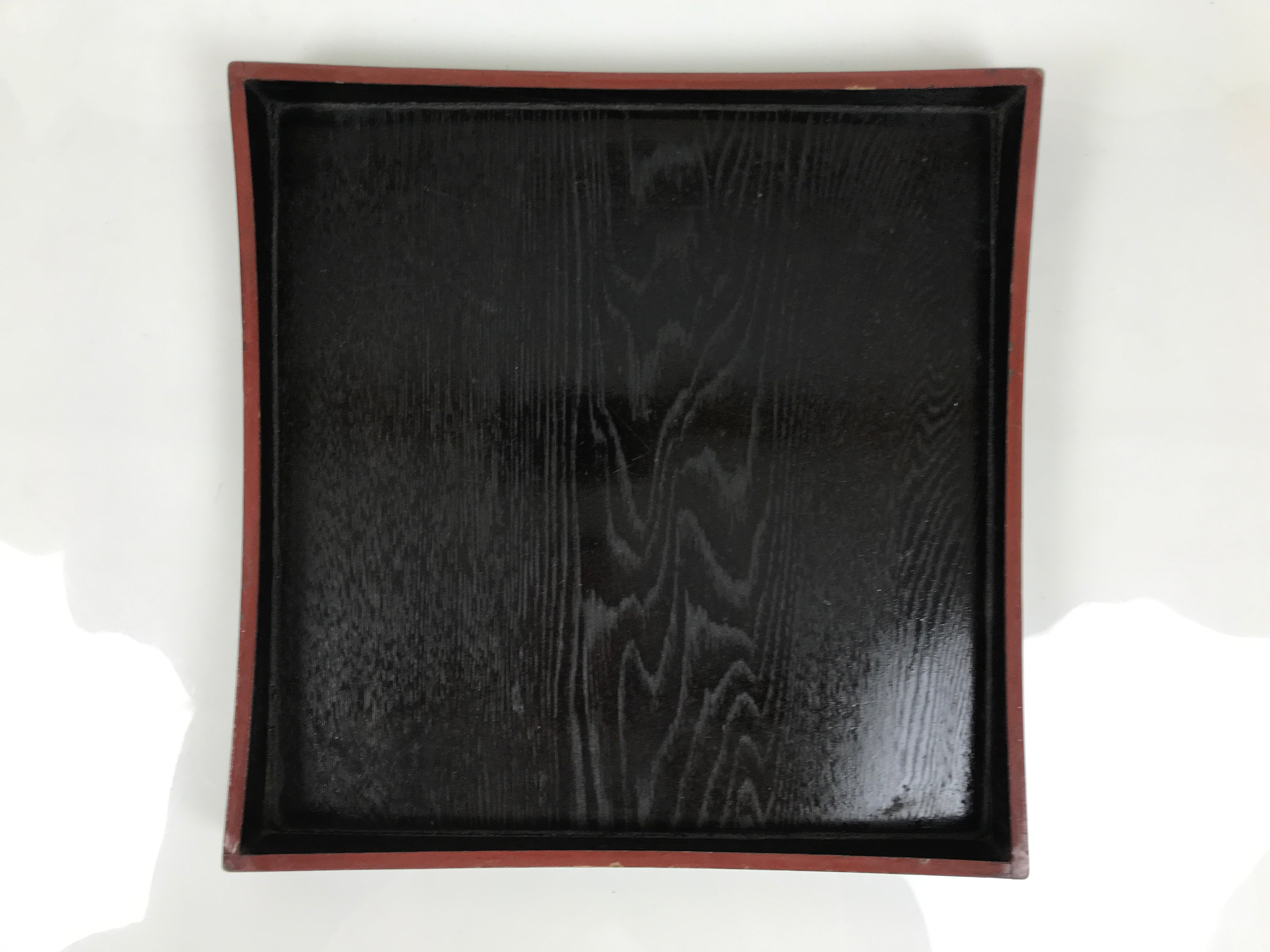 Japanese Lacquered Wood Serving Tray Obon Vtg Square Curved Red Edge Black L612