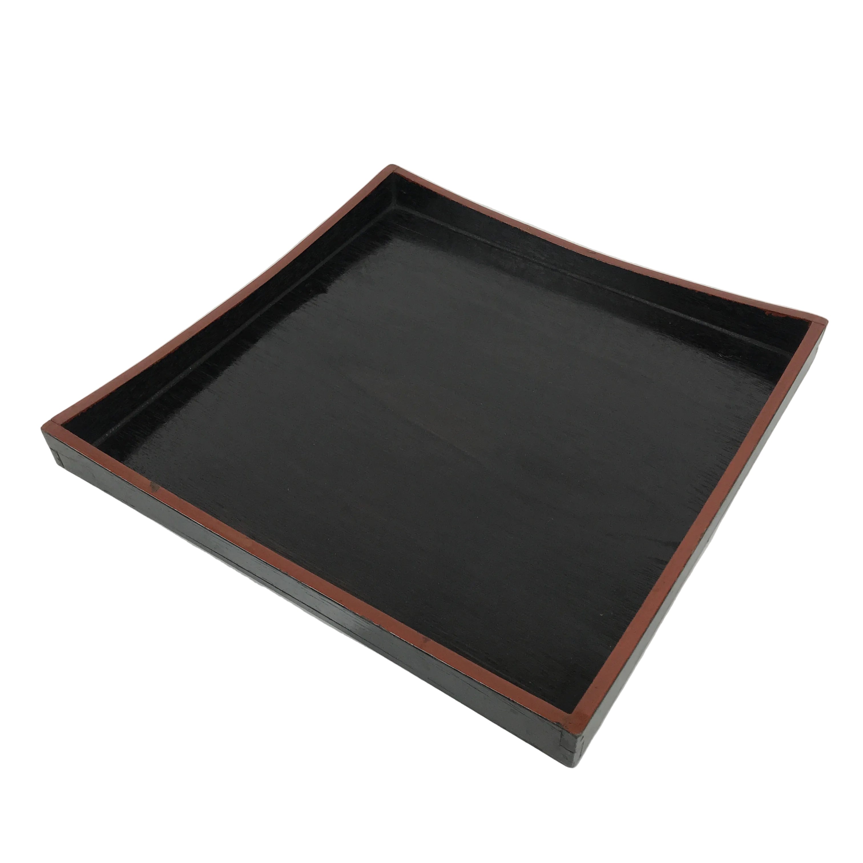Japanese Lacquered Wood Serving Tray Obon Vtg Square Curved Red Edge Black L613