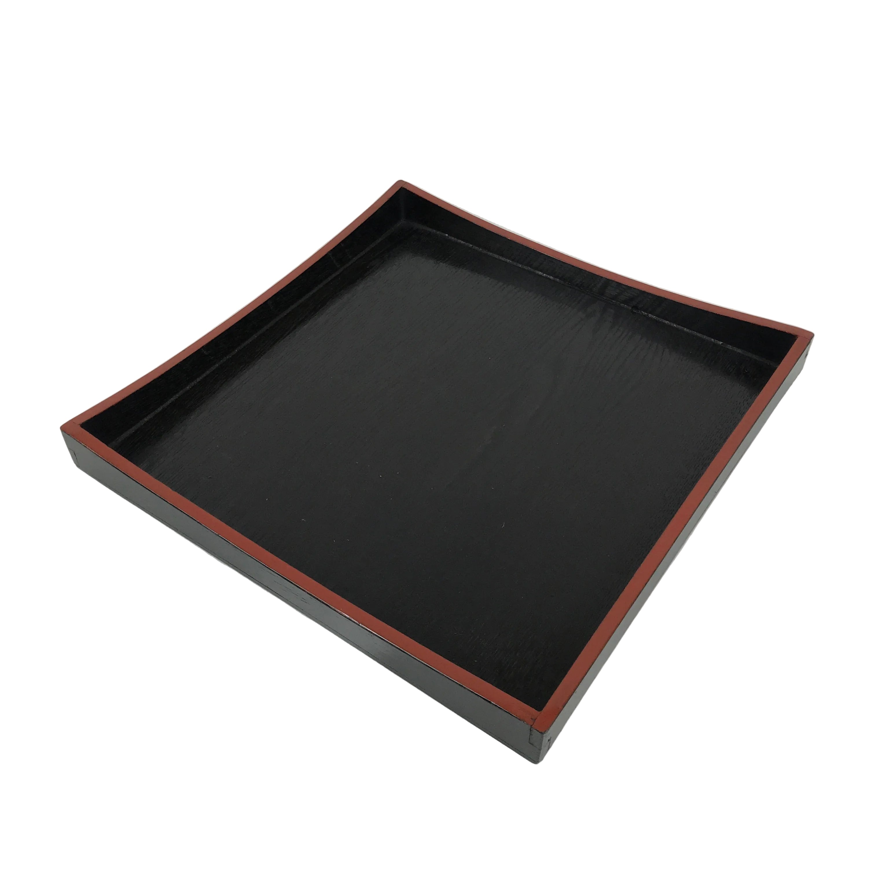 Japanese Lacquered Wood Serving Tray Obon Vtg Square Curved Red Edge Black L614