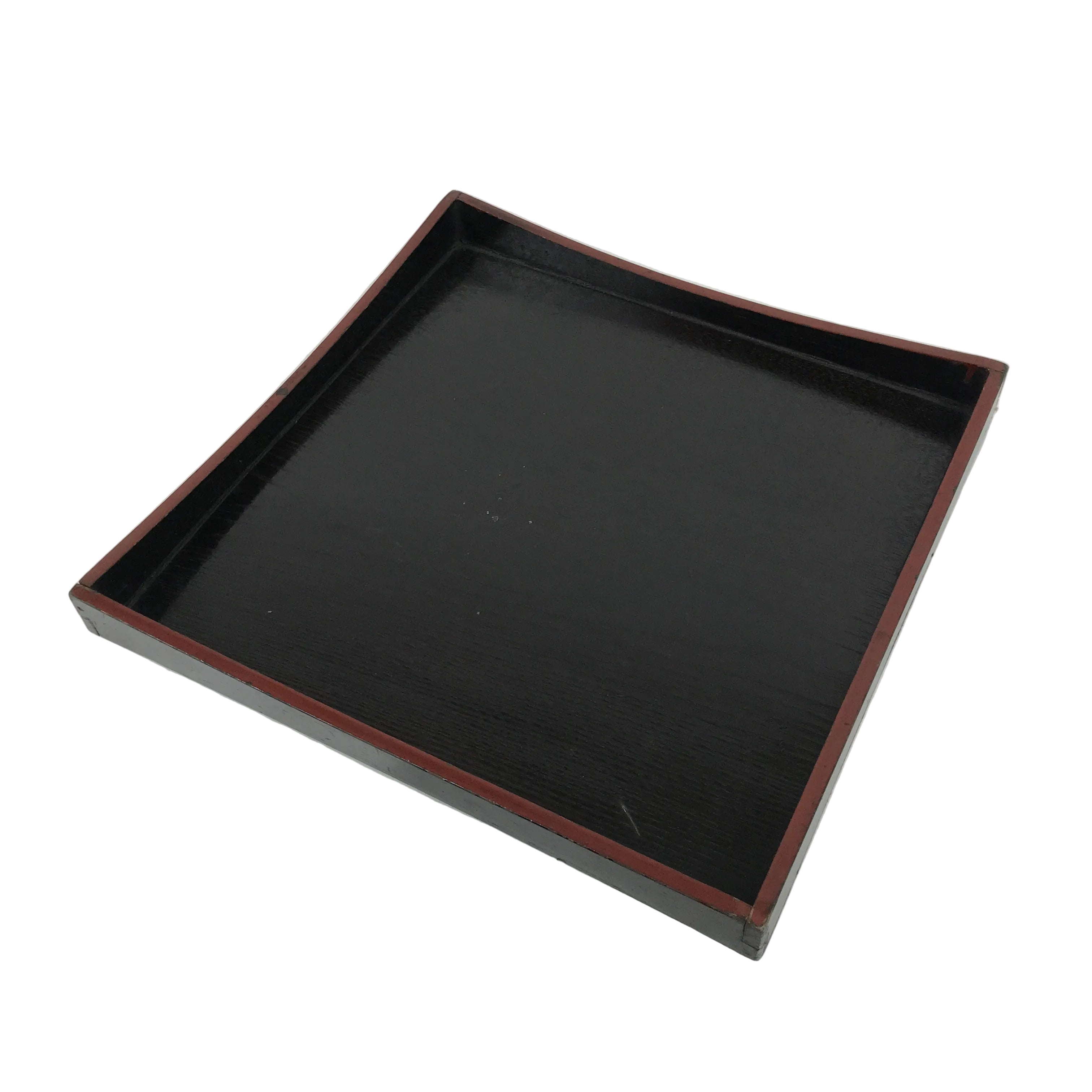 Japanese Lacquered Wood Serving Tray Obon Vtg Square Curved Red Edge Black L615