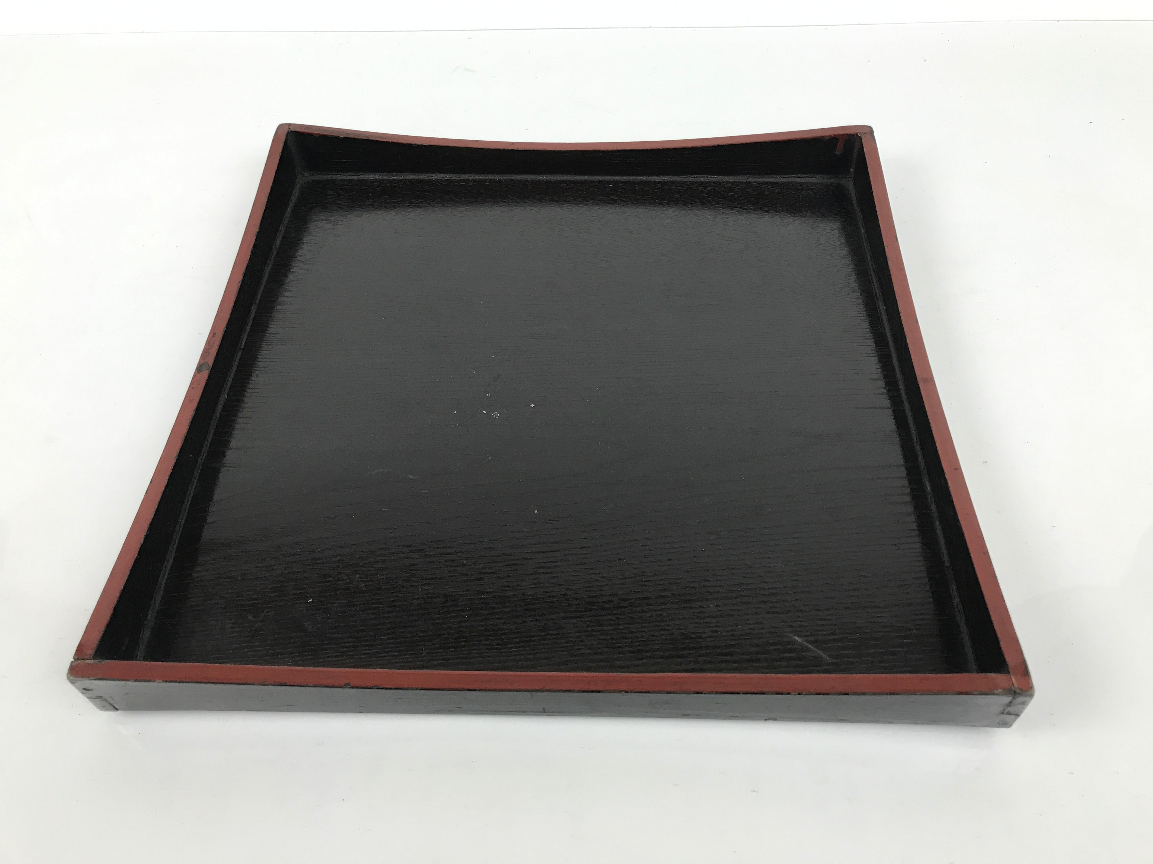 Japanese Lacquered Wood Serving Tray Obon Vtg Square Curved Red Edge Black L615