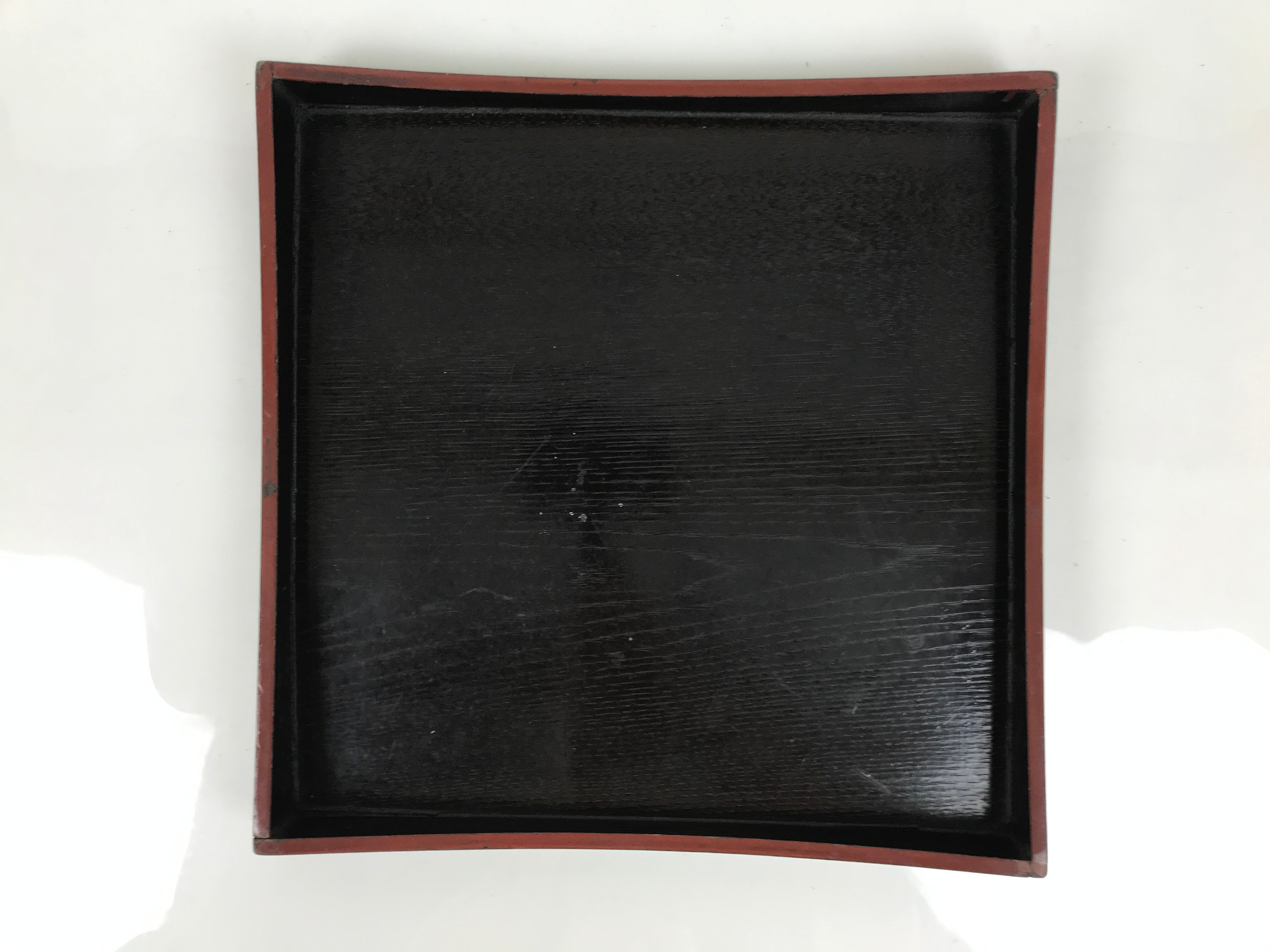 Japanese Lacquered Wood Serving Tray Obon Vtg Square Curved Red Edge Black L615