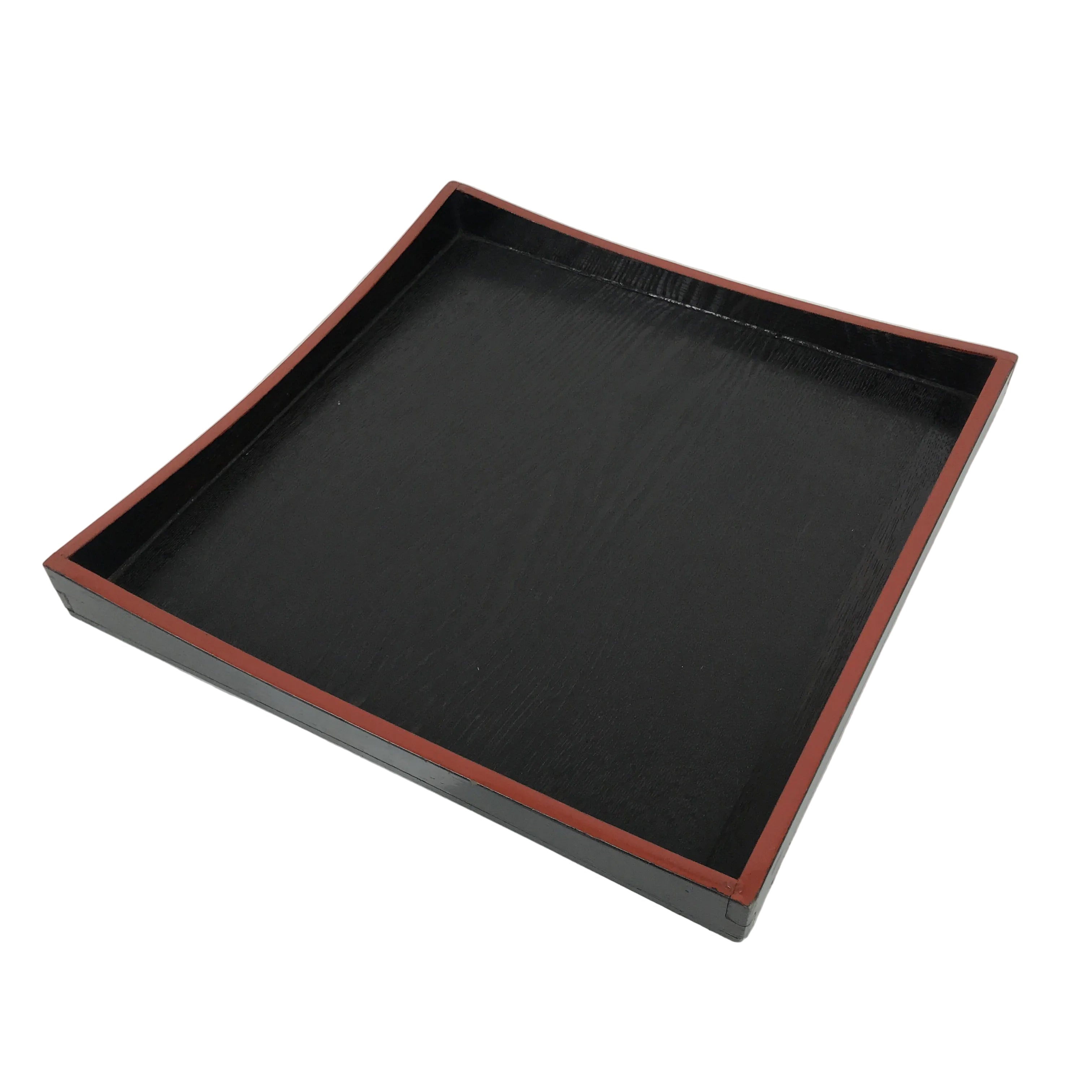 Japanese Lacquered Wood Serving Tray Obon Vtg Square Curved Red Edge Black L616