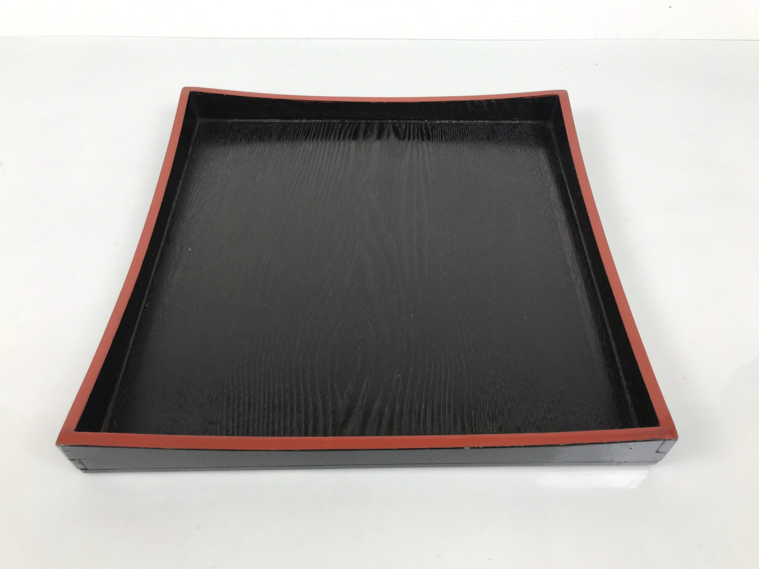 Japanese Lacquered Wood Serving Tray Obon Vtg Square Curved Red Edge Black L616