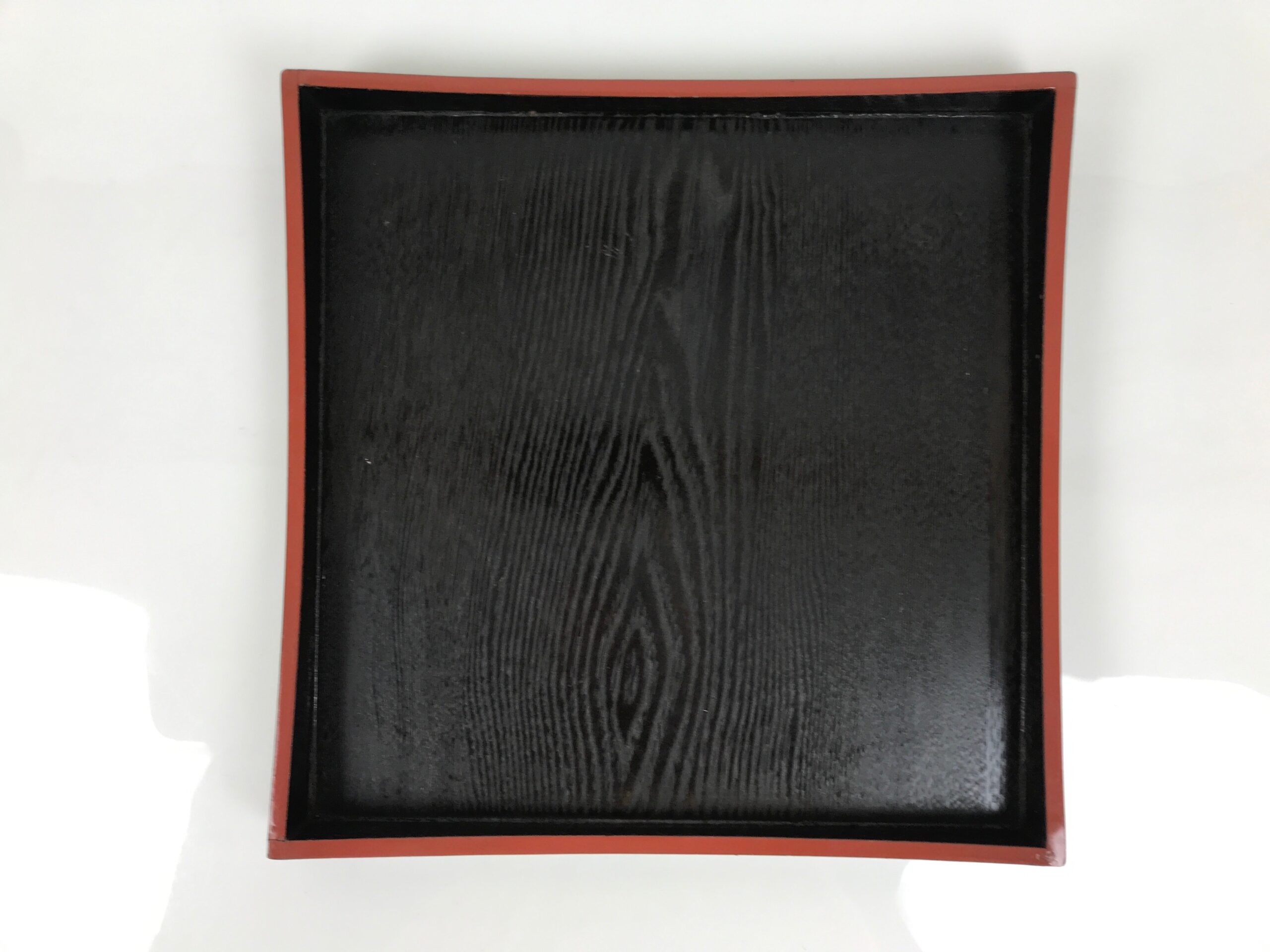 Japanese Lacquered Wood Serving Tray Obon Vtg Square Curved Red Edge Black L616