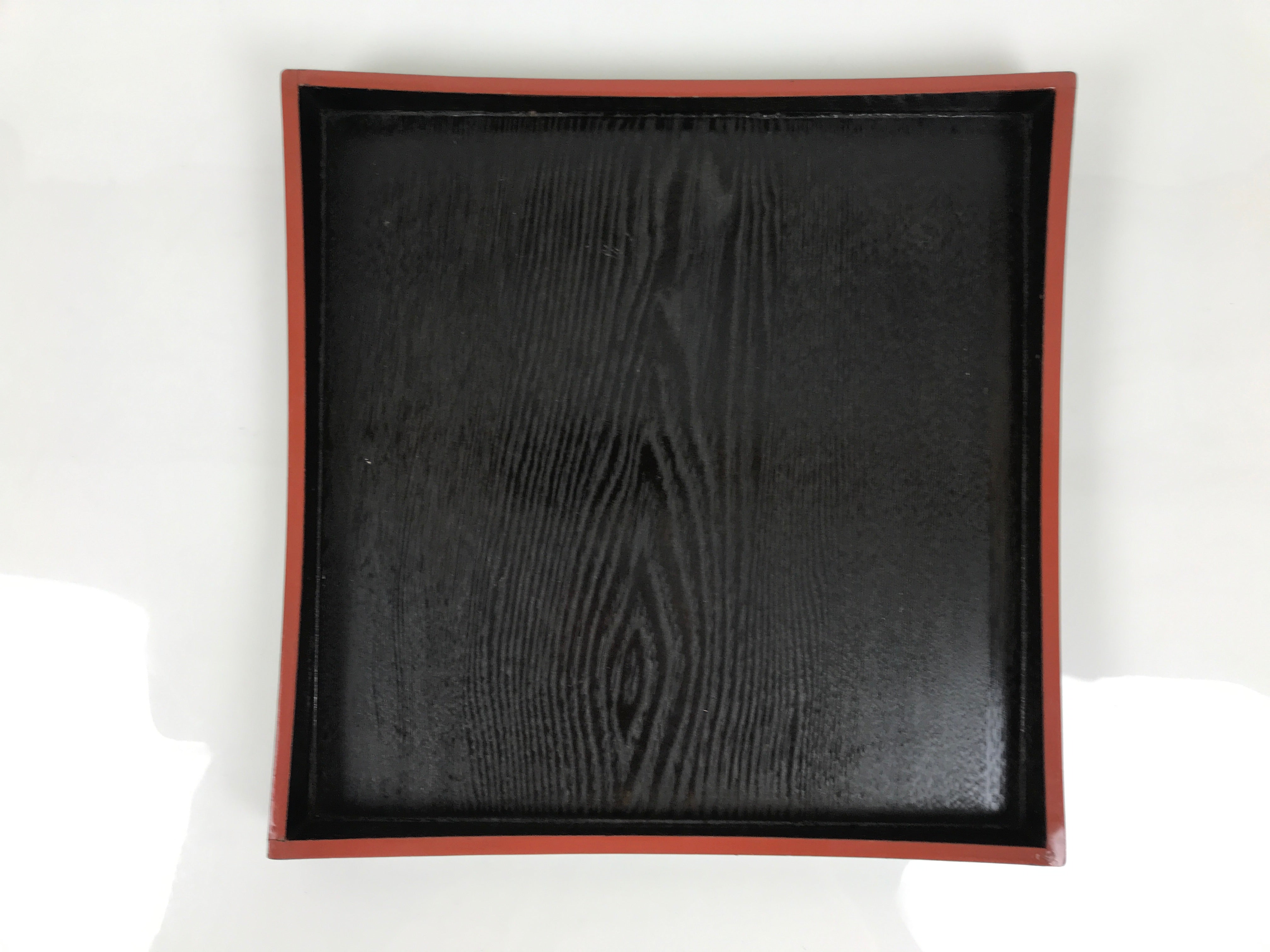 Japanese Lacquered Wood Serving Tray Obon Vtg Square Curved Red Edge Black L616